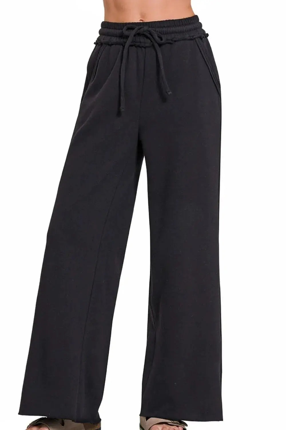 Zenana Black Wide Leg Fleece Sweatpants with Drawstring Waist