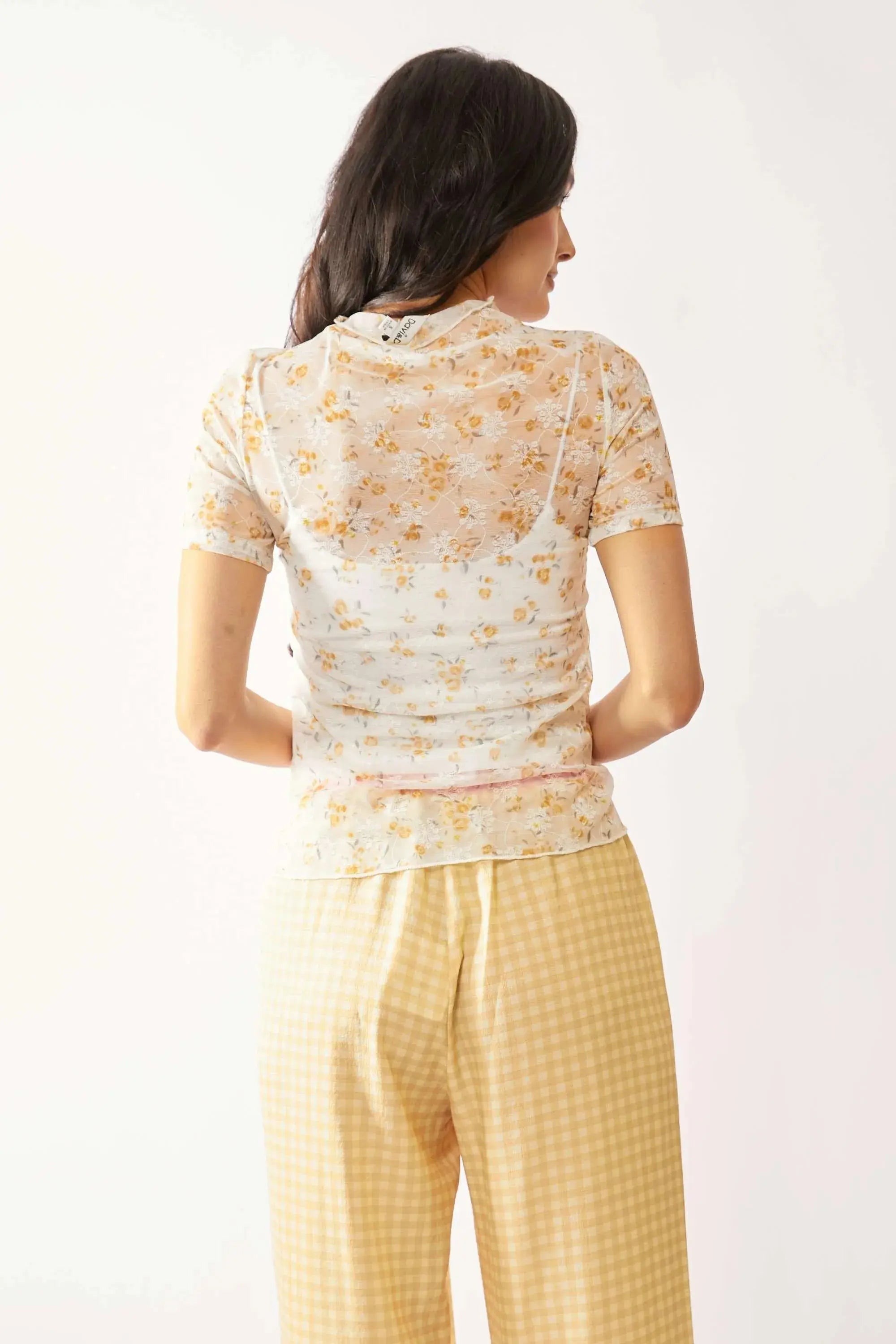 Davi & Dani Loose Turtle Neck Lace Mesh Sheer Top