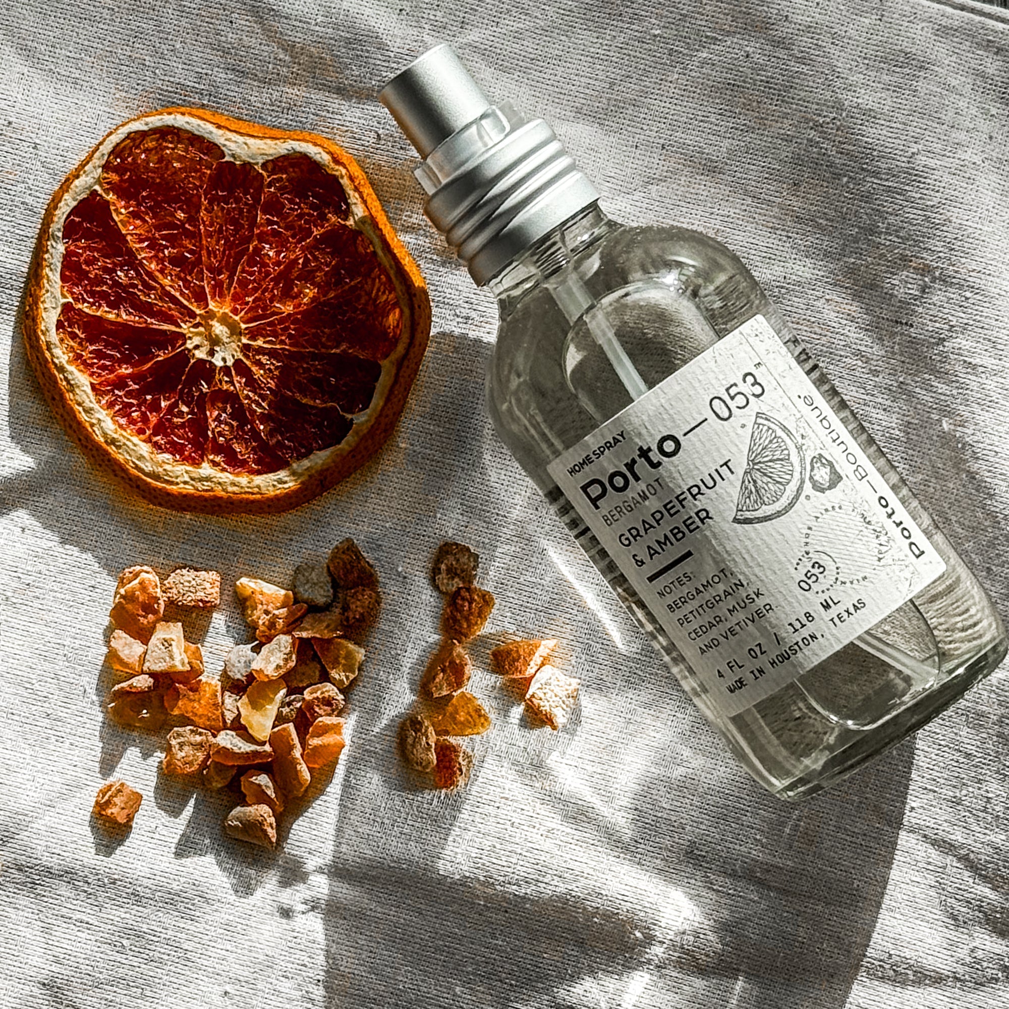 Porto-053 Room Spray – Linen & Fabric Freshener – High Fragrance Concentration – Vegan & Handmade in USA – 4 oz Clear Glass Bottle with decorative box