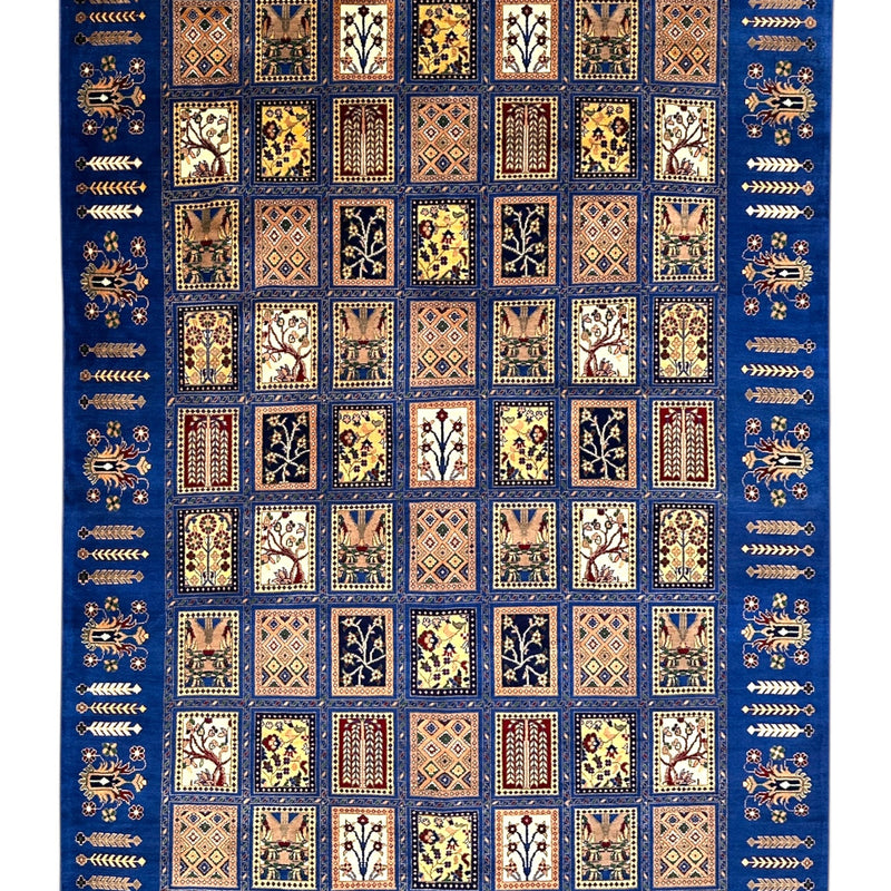 6'9″ x 10' Hand-Knotted Afghani Bakhtiari Wool Rug – Persian Garden Design – Blue & Cream