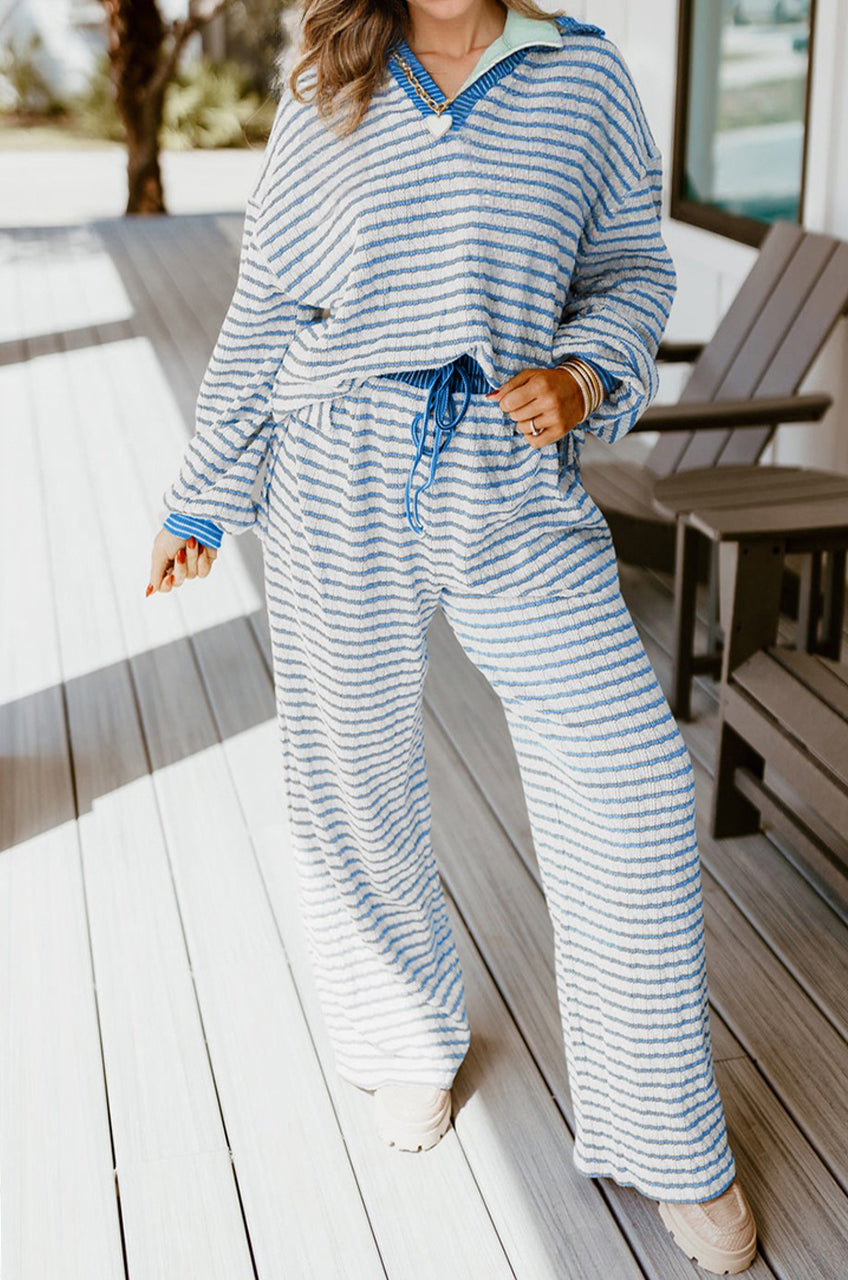 Stripe Collared Top and Drawstring Pants Set