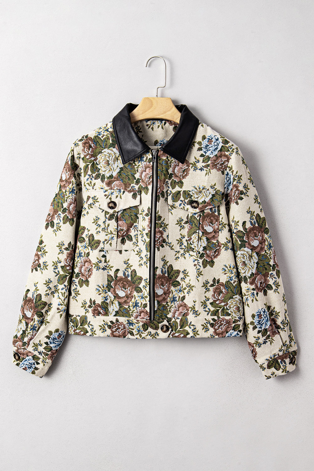 Floral Zip-Up Contrast Collared Jacket