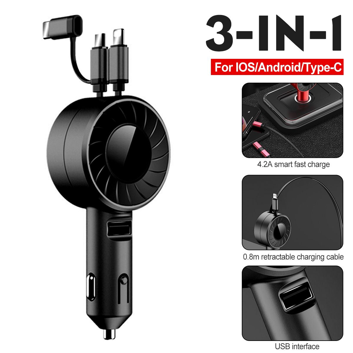 3-IN-1 Car Charger Mobile Phone Adapter For IOS/Android/Type-C USB Retractable Charging Cable 4.2A Fast Charing For Truck