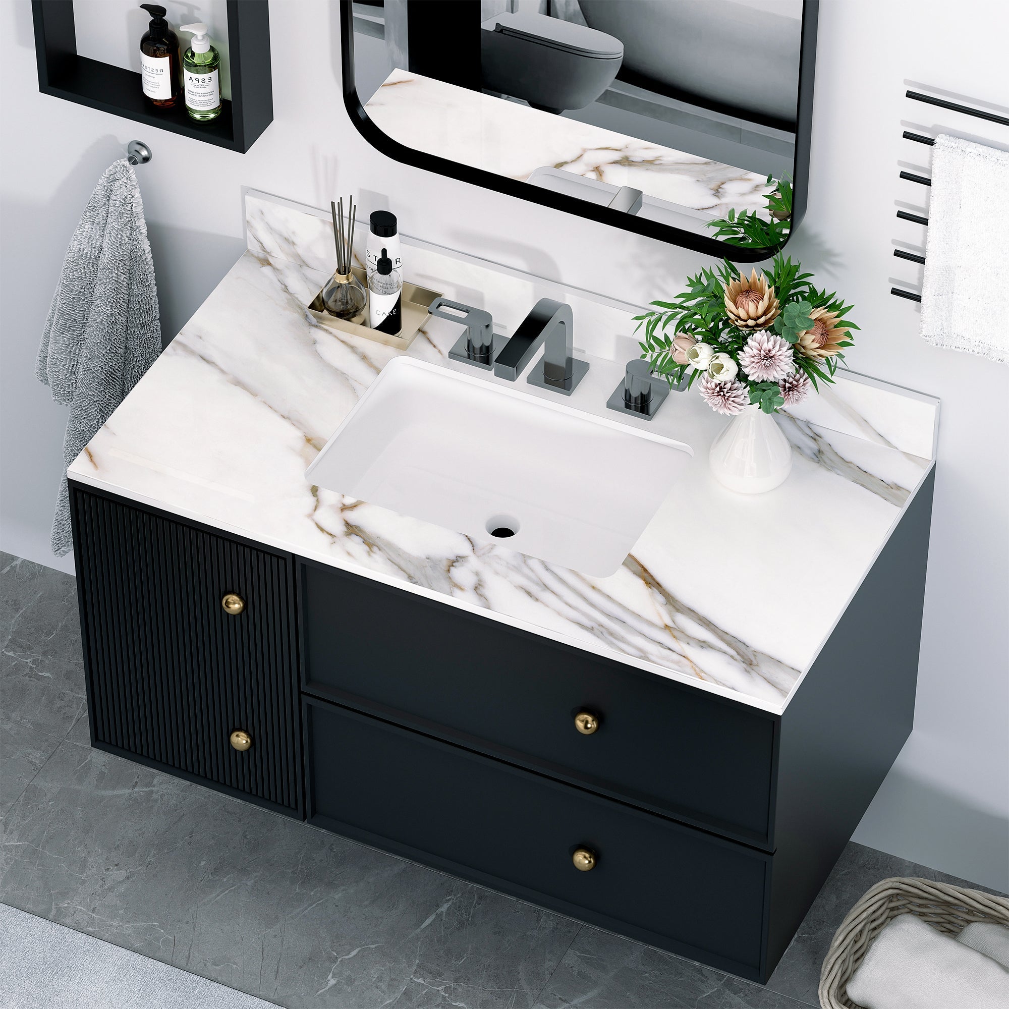 43 inch marble countertop with base rectangular central sink and 4-inch high splash guard, pre drilled 8-inch faucet hole ,white