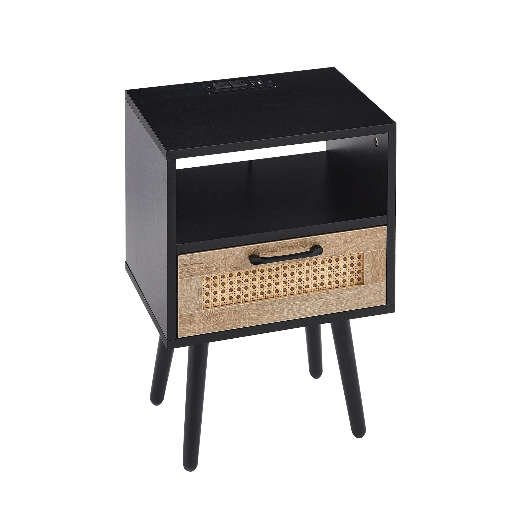 15.75" Rattan End table with Power Outlet & USB Ports Modern nightstand with drawer and solid wood legs black