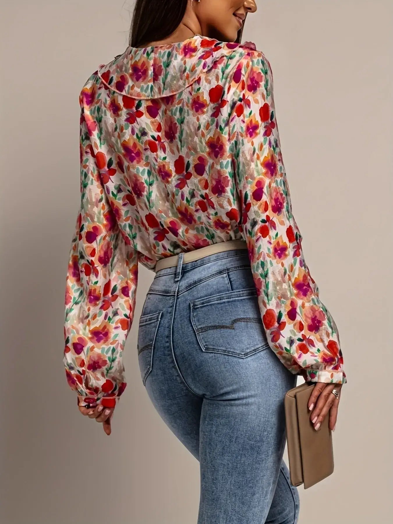 Floral Print Ruffle V Neck Long Sleeve Blouse For Women