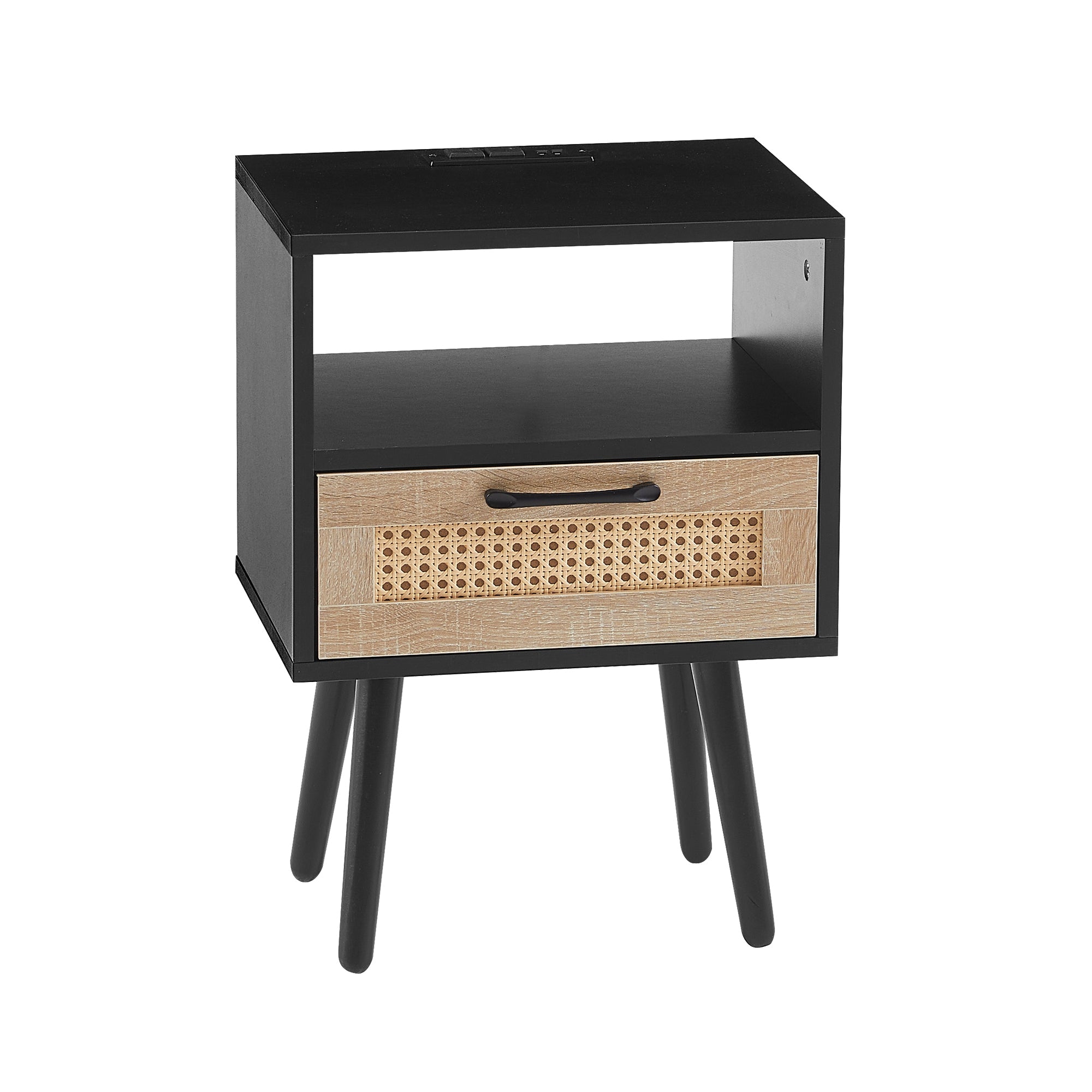 15.75" Rattan End table with Power Outlet & USB Ports Modern nightstand with drawer and solid wood legs black