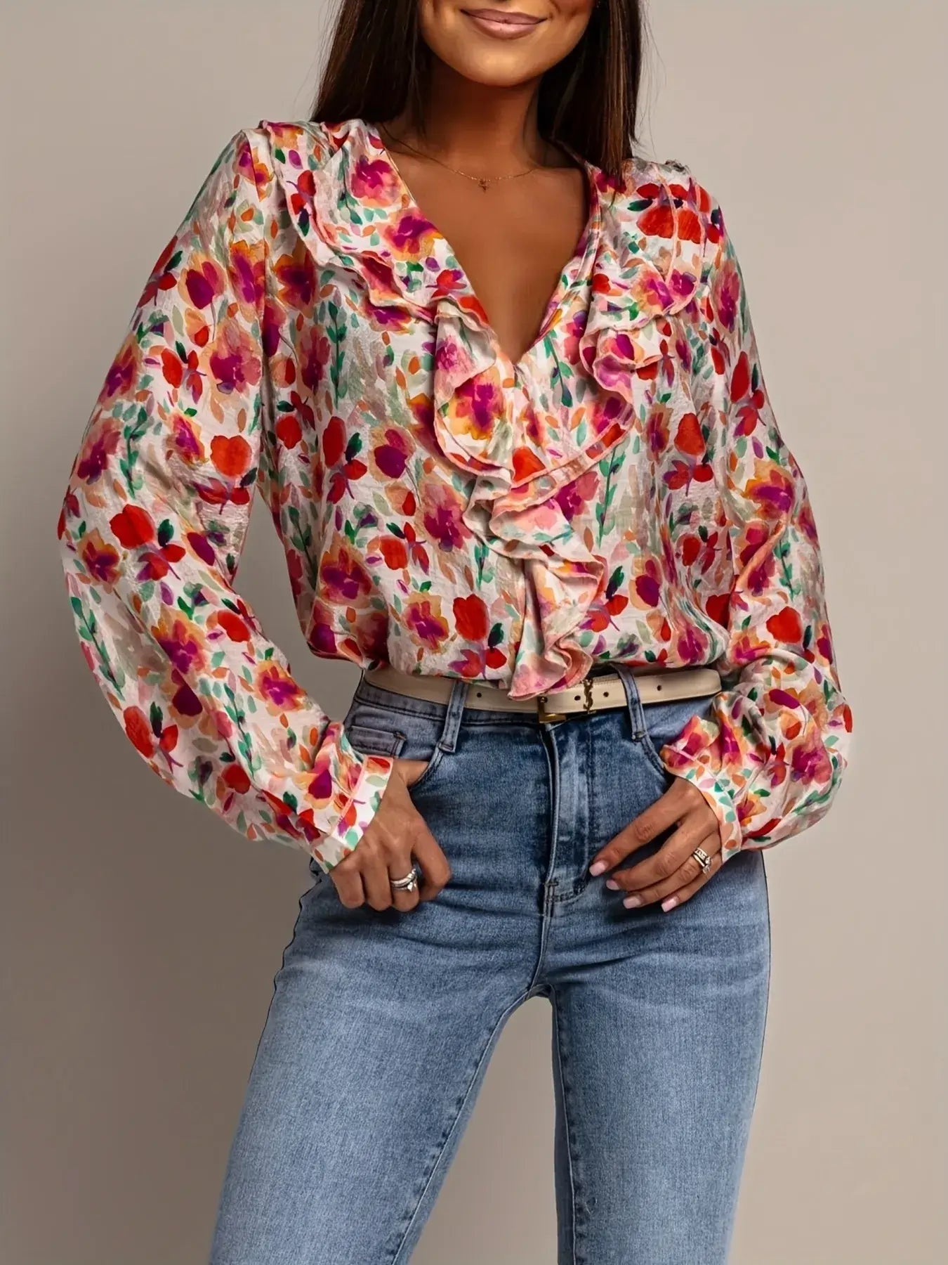 Floral Print Ruffle V Neck Long Sleeve Blouse For Women