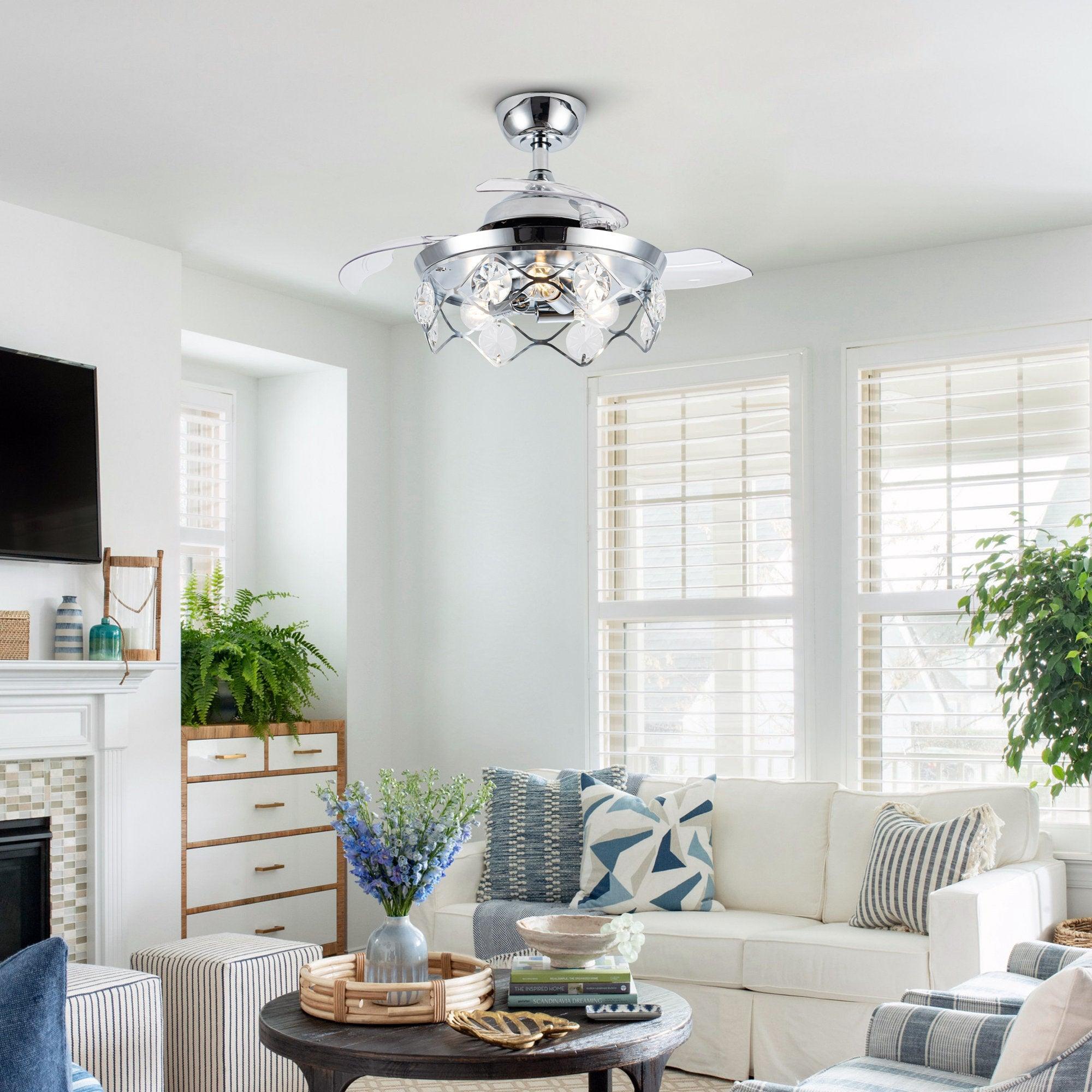 36" Broxburne Modern Chrome Downrod Mount Crystal Ceiling Fan with Lighting and Remote Control