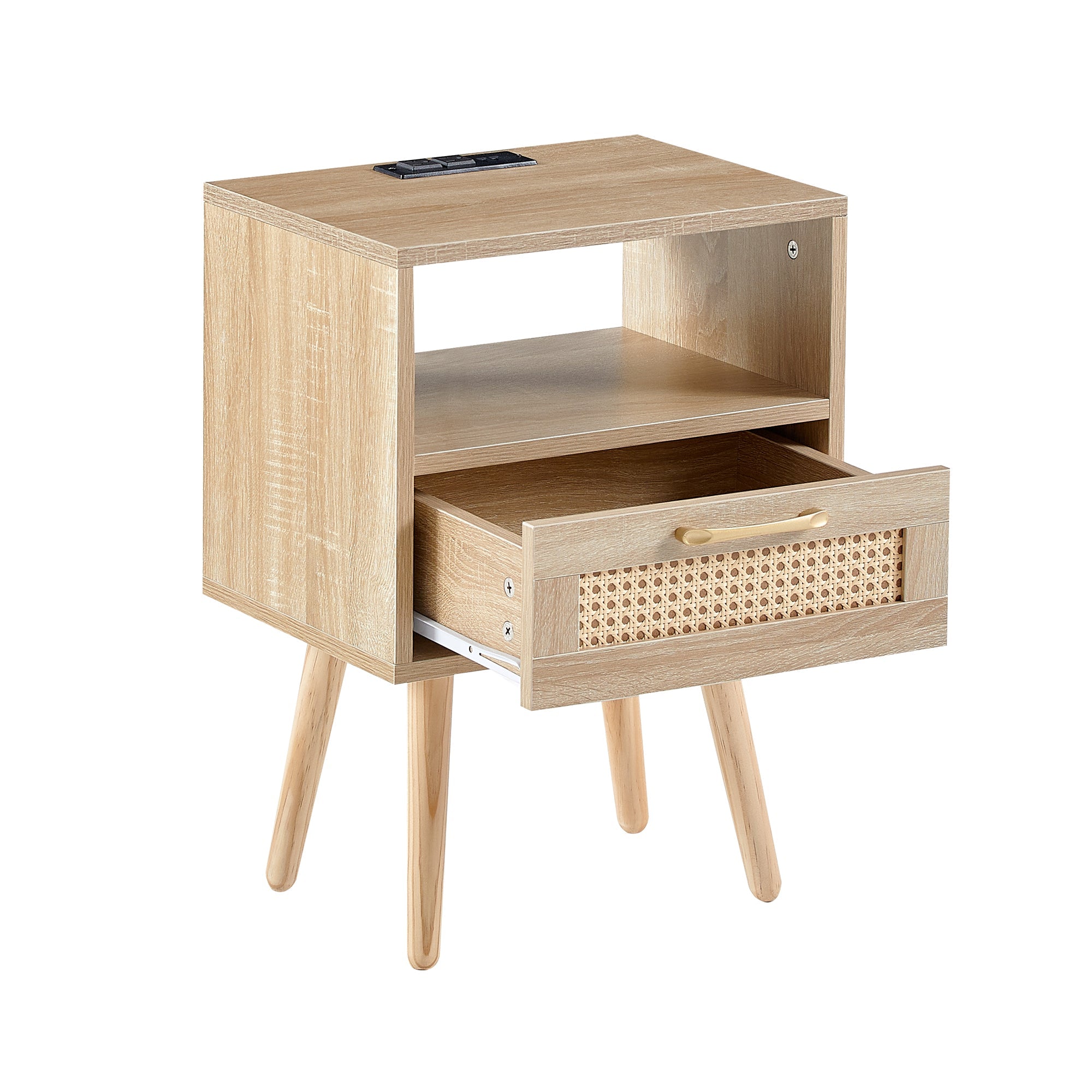 15.75" Rattan End table with Power Outlet & USB Ports  Modern nightstand with drawer and solid wood legs