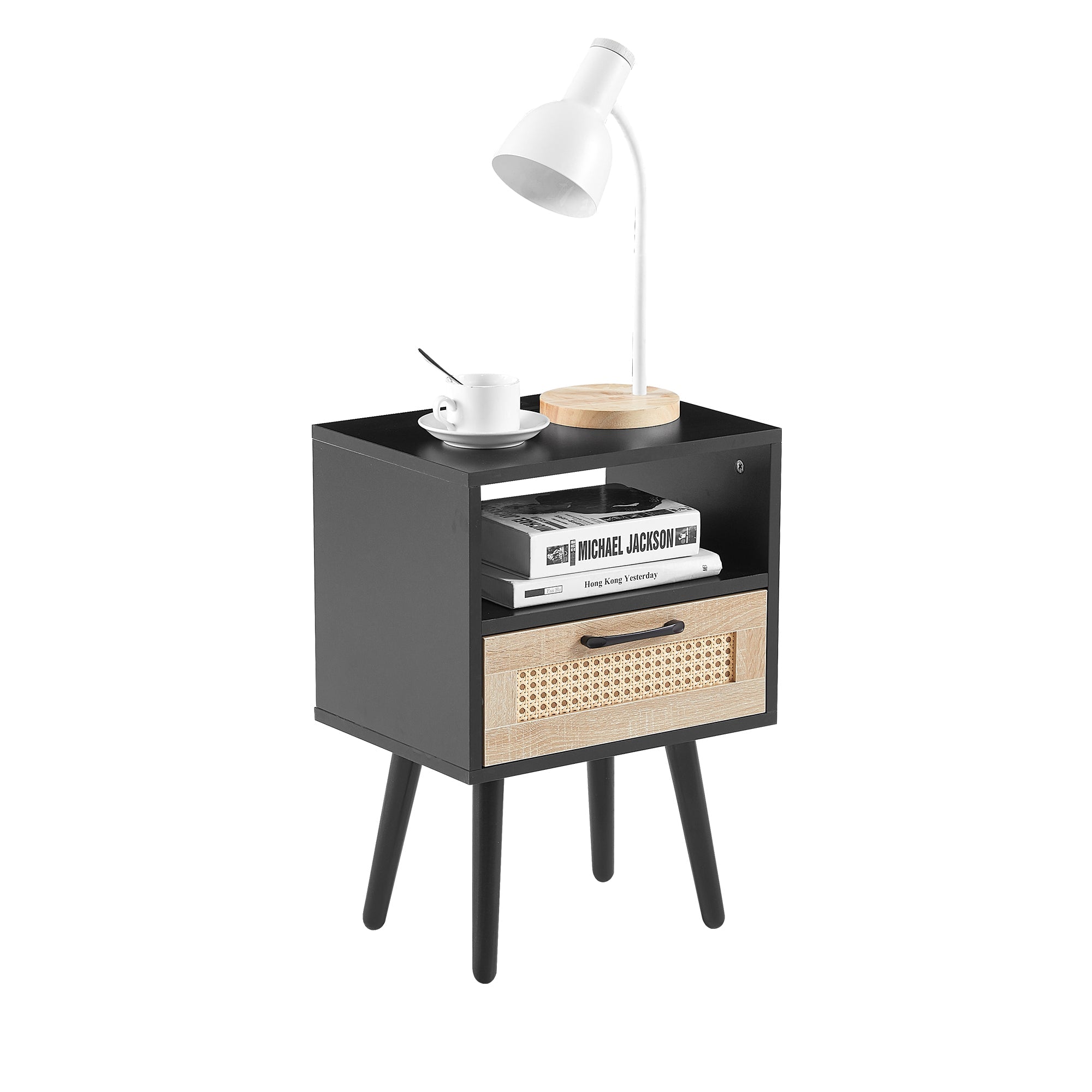 15.75" Rattan End table with Power Outlet & USB Ports Modern nightstand with drawer and solid wood legs black