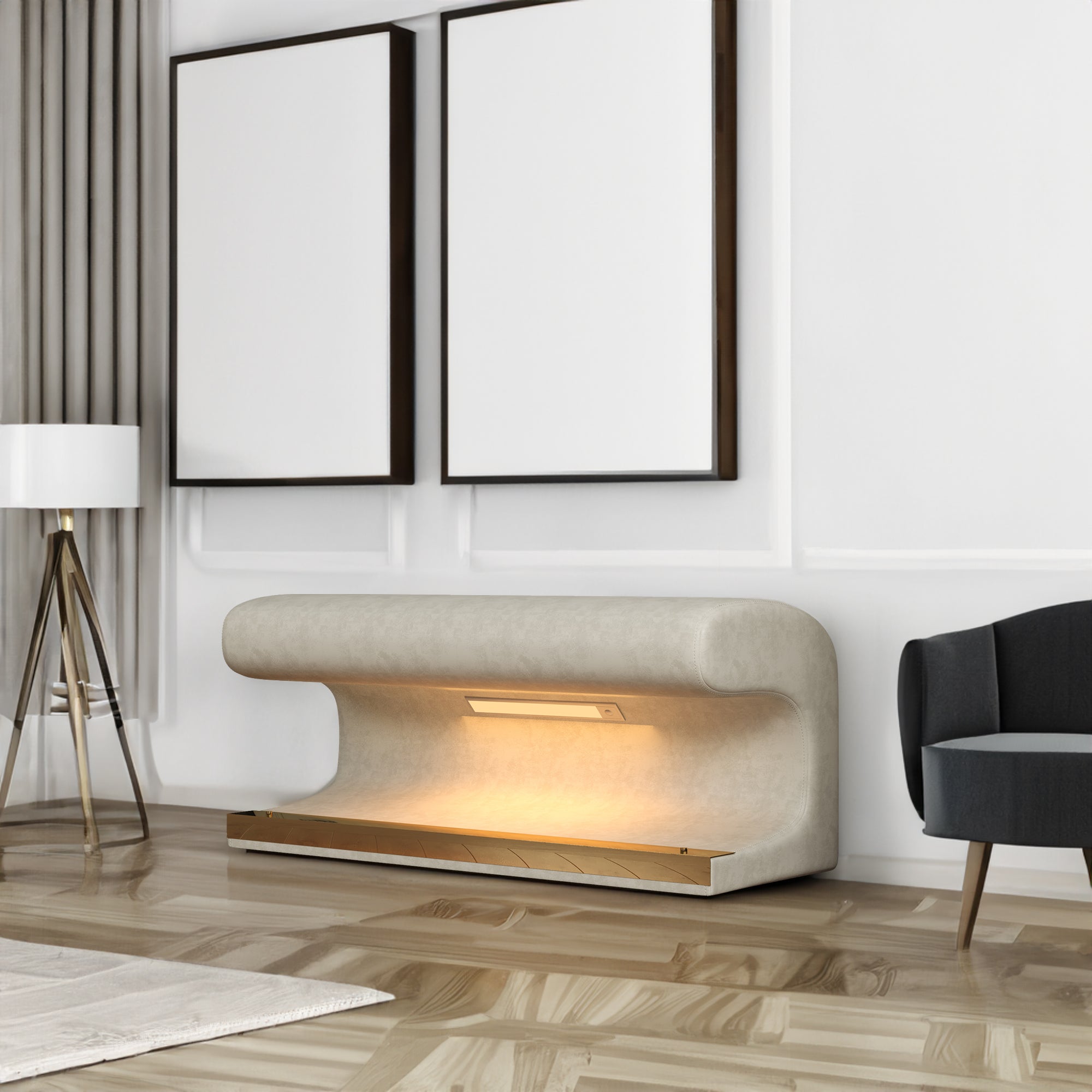Entryway Bench Leather Upholstered Ottoman with LED sensor light for living room ,bedroom,end of bed ,Beige