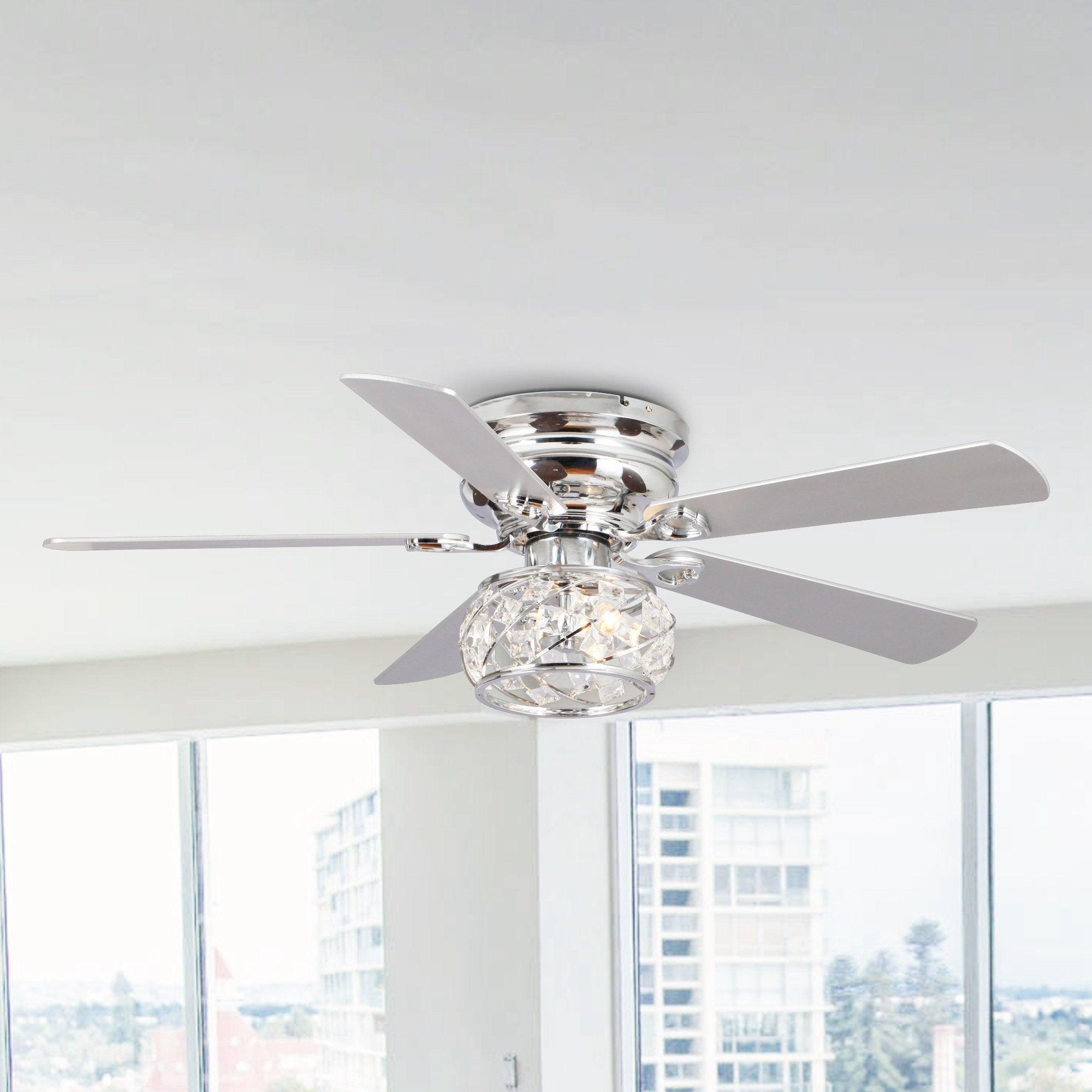 48" Modern Chrome Flush Mount Reversible Crystal Ceiling Fan with Lighting and Remote Control