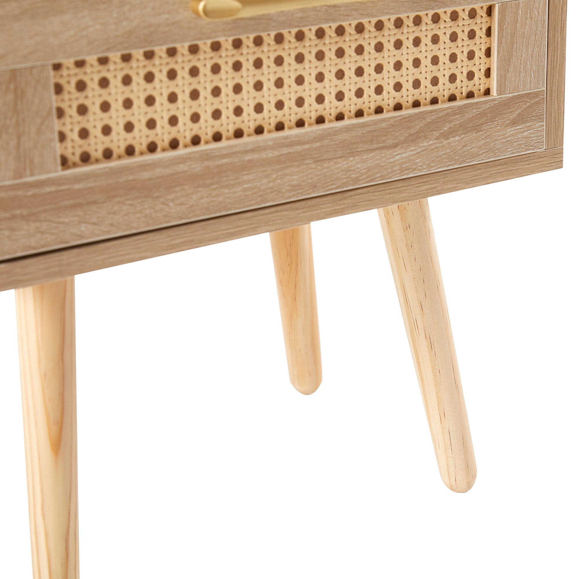 15.75" Rattan End table with Power Outlet & USB Ports  Modern nightstand with drawer and solid wood legs