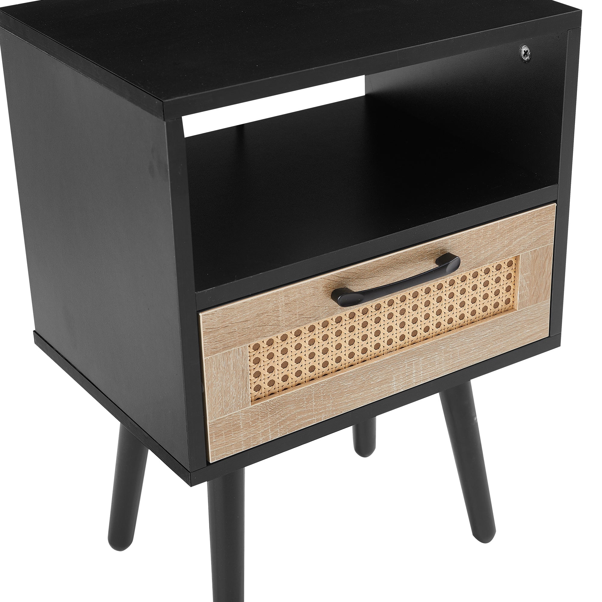 15.75" Rattan End table with Power Outlet & USB Ports Modern nightstand with drawer and solid wood legs black