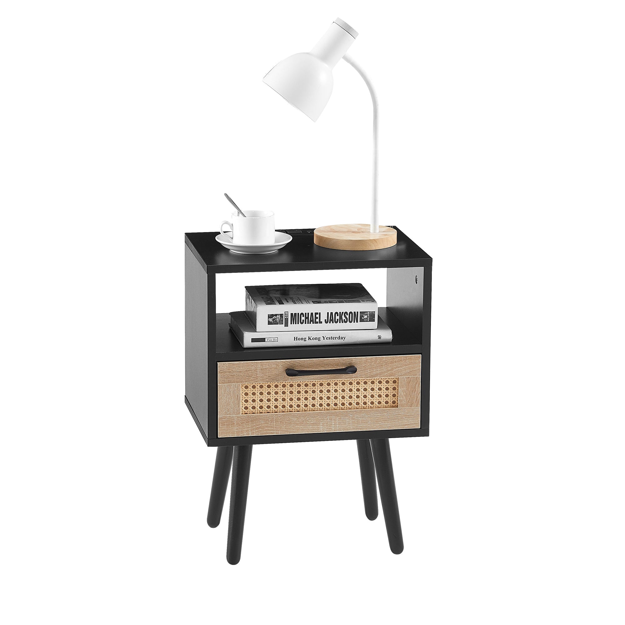 15.75" Rattan End table with Power Outlet & USB Ports Modern nightstand with drawer and solid wood legs black