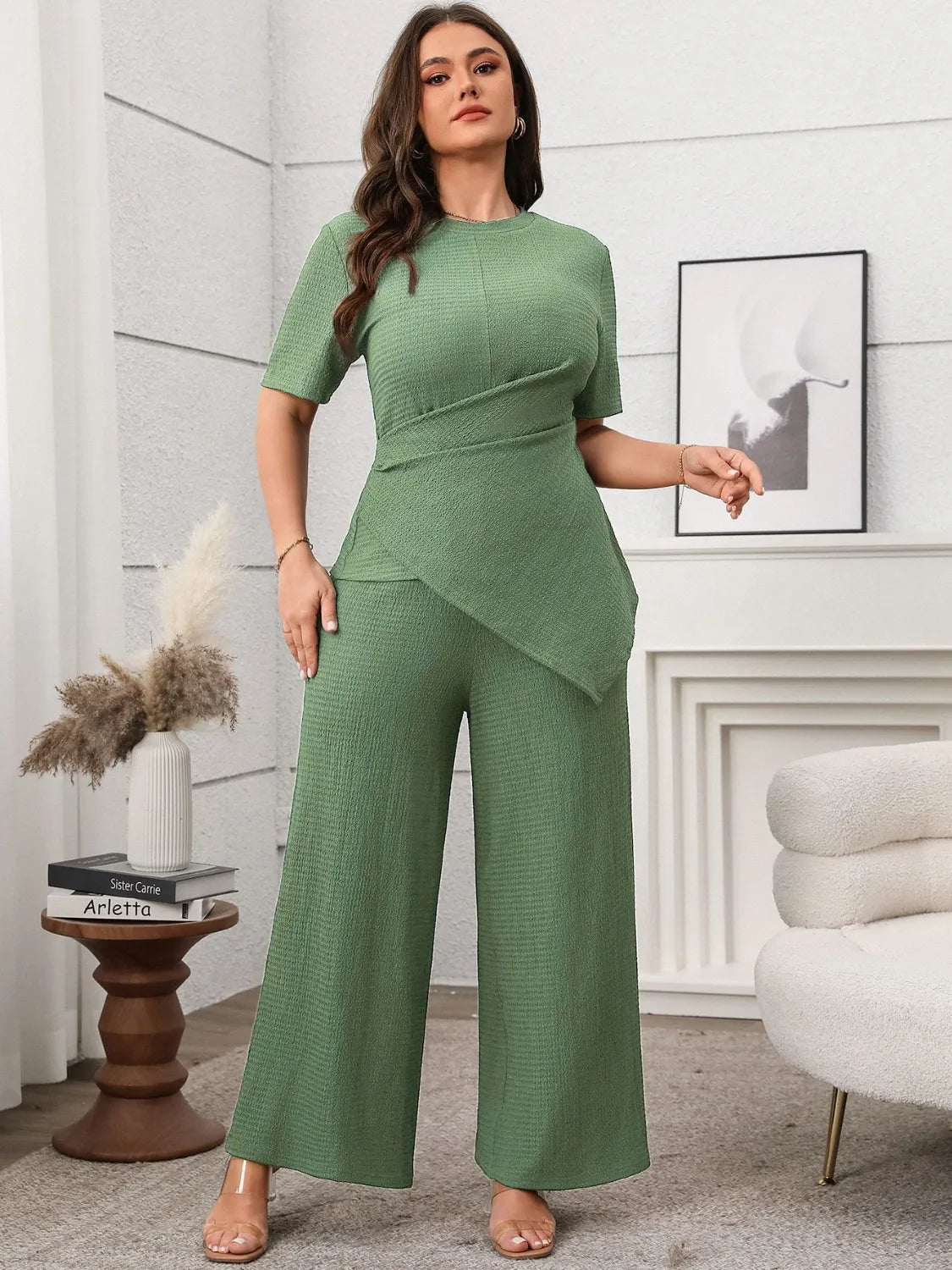 Plus Size Asymmetrical Round Neck Short Sleeve Top and Pants Set