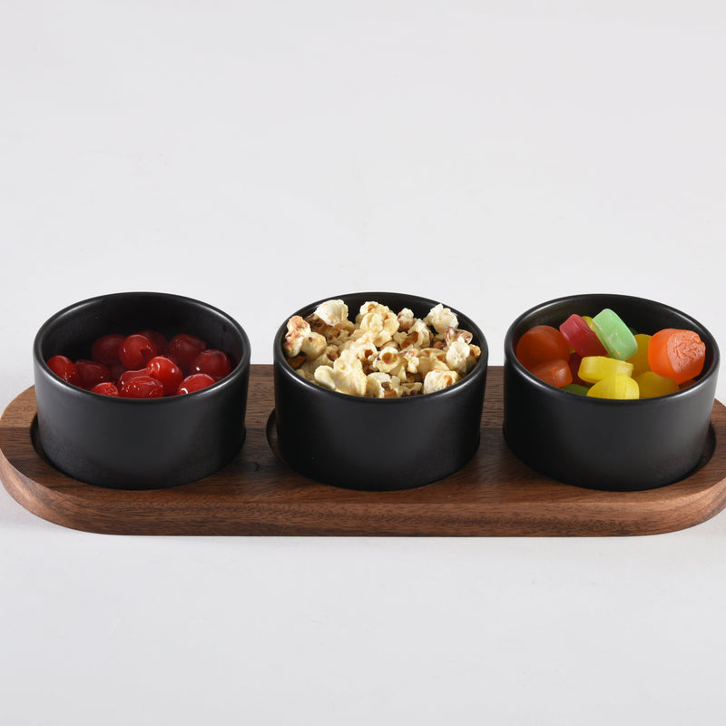 Ceramic Condiment Set on Acacia Wood Base