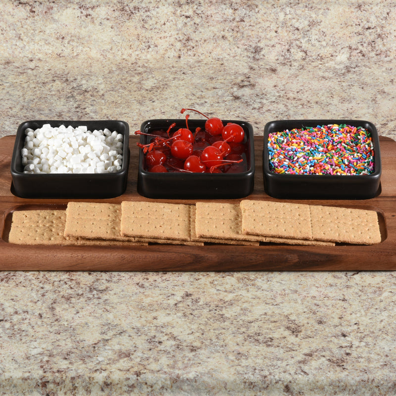 Charcuterie/ Serving Tray w/ 3  black square ceramic bowls