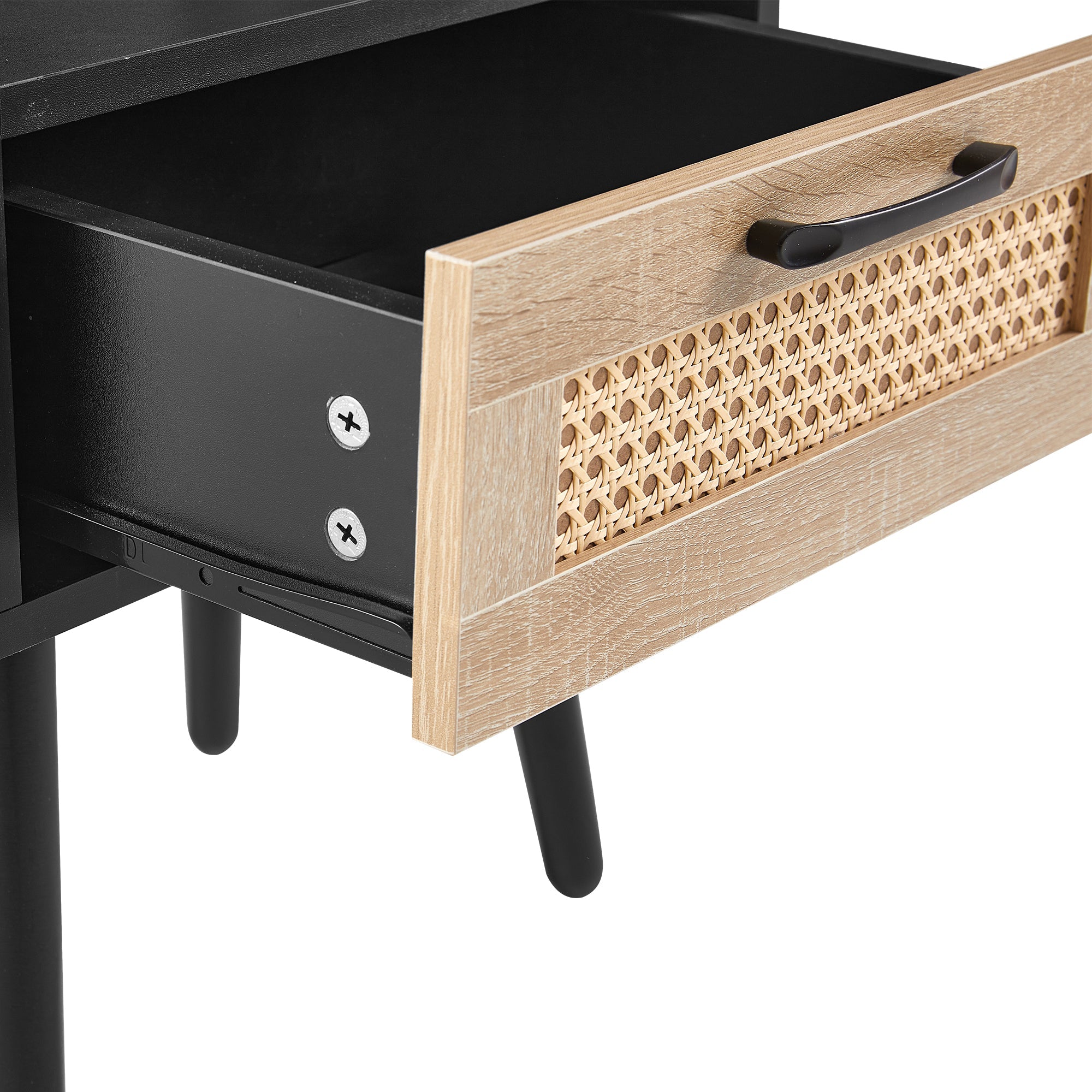 15.75" Rattan End table with Power Outlet & USB Ports Modern nightstand with drawer and solid wood legs black