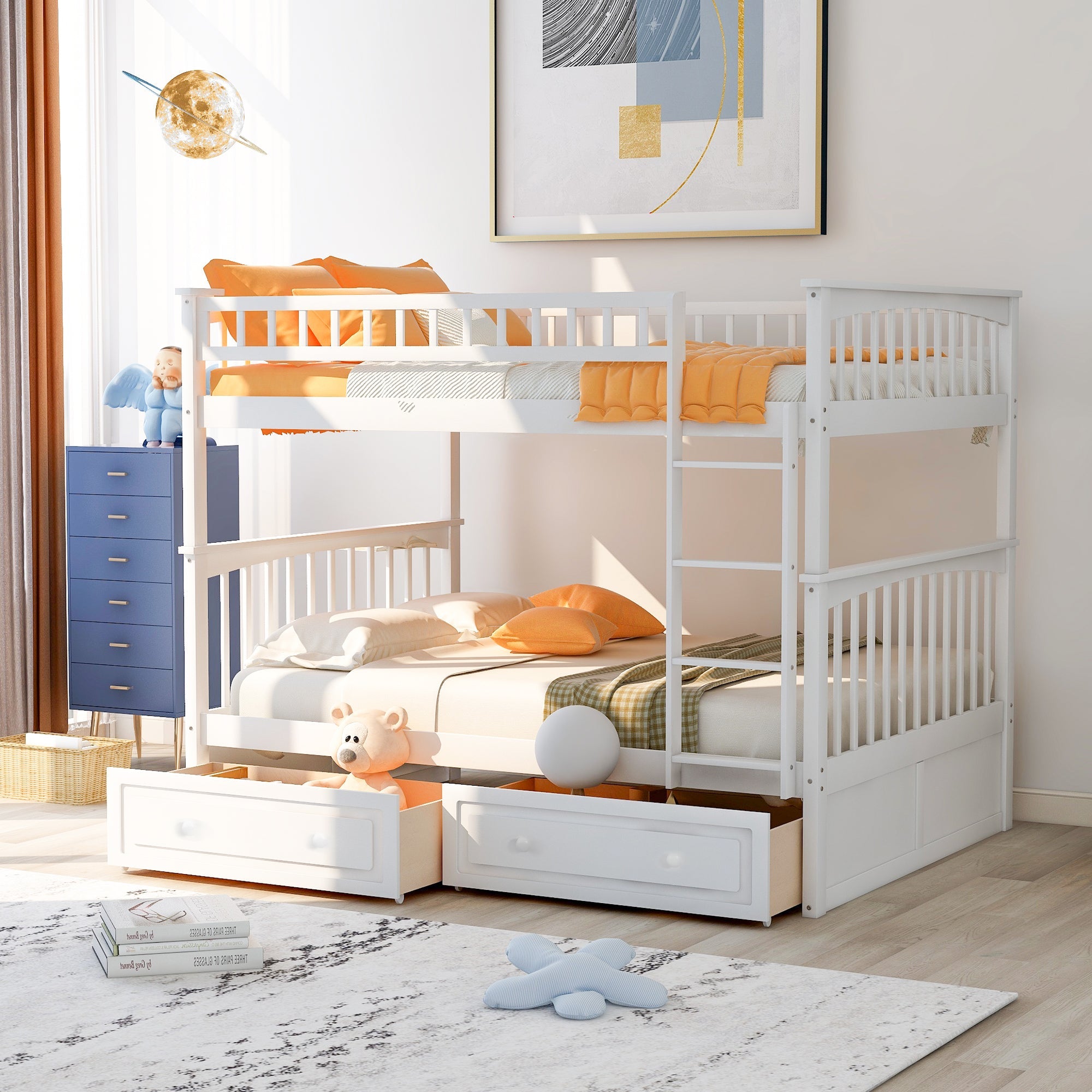 Full over Full Bunk Bed with Drawers Convertible Beds White