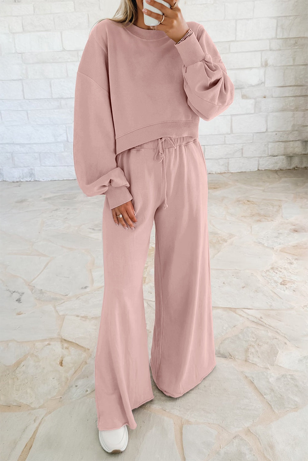 Solid Puff Sleeve Top and Drawstring Pants Set