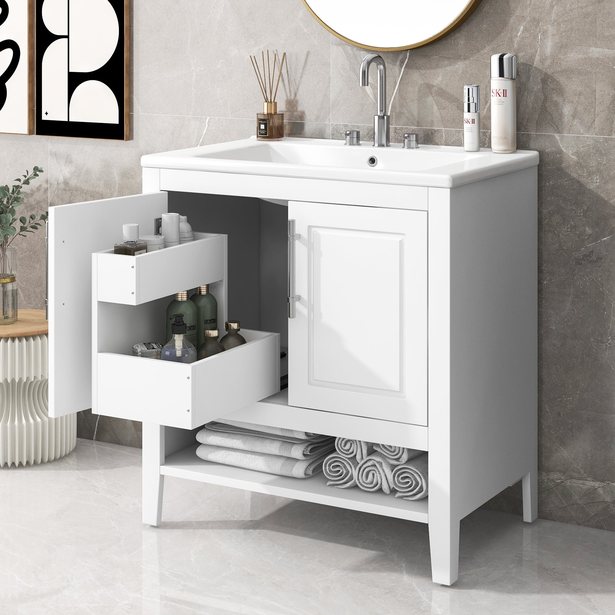30" Bathroom Vanity with Sink Multi-functional Bathroom Cabinet with Doors and Drawers Solid Frame and MDF Board, White