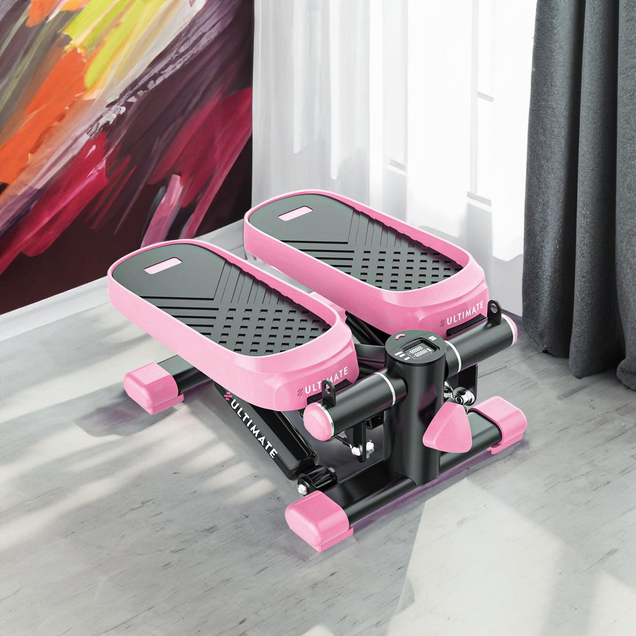 Home Office Exercise 330LBS Capacity Mini Stepper with Resistance Bands and LCD Monitor Pink