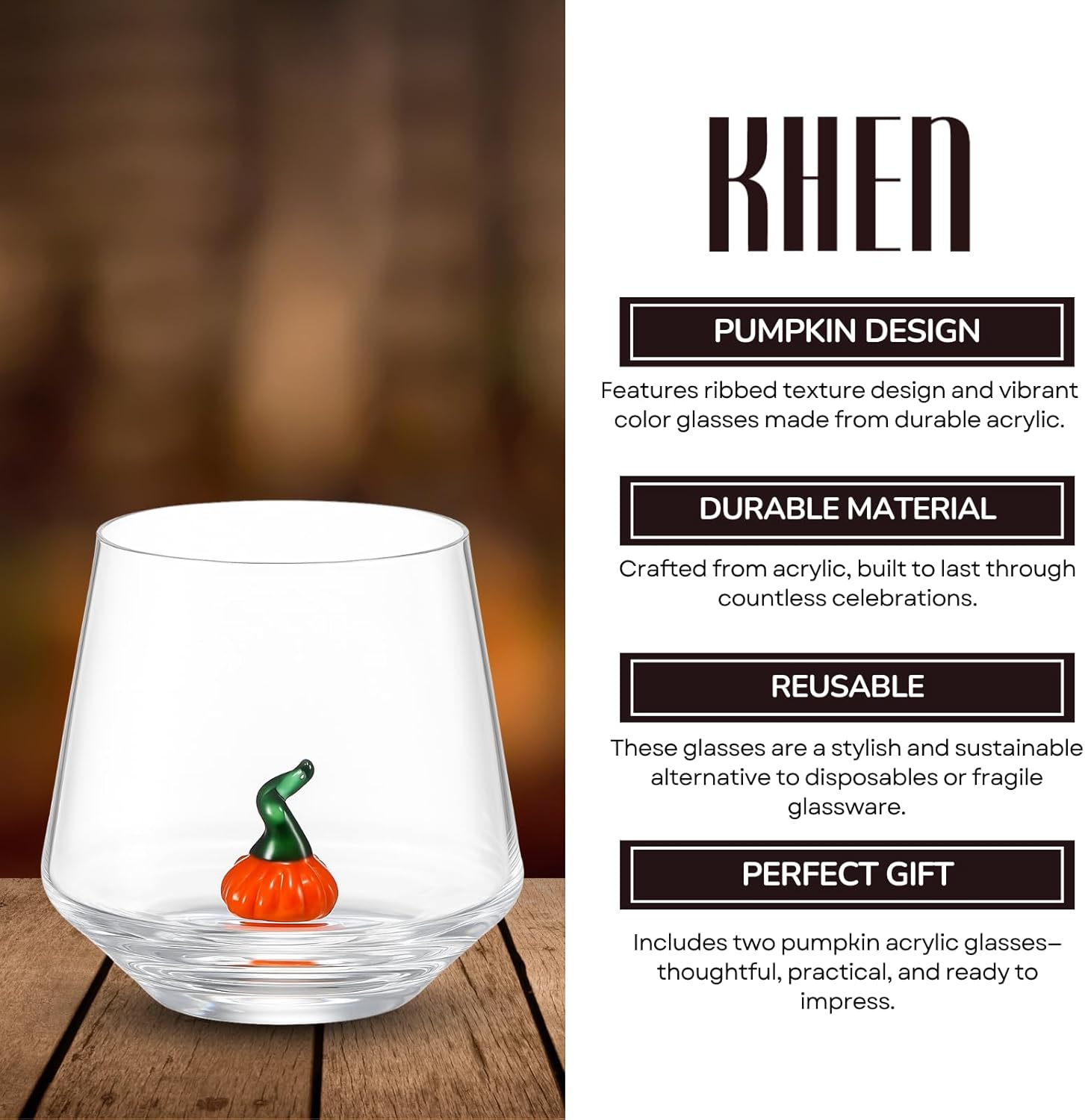Khen Pumpkin Glass Set Fall Drinkware Decorative Break Resistant Tumbler Cups Barware Holiday Gift - 12oz Clear