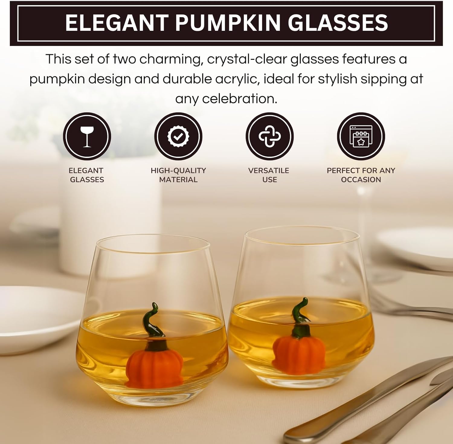 Khen Pumpkin Glass Set Fall Drinkware Decorative Break Resistant Tumbler Cups Barware Holiday Gift - 12oz Clear