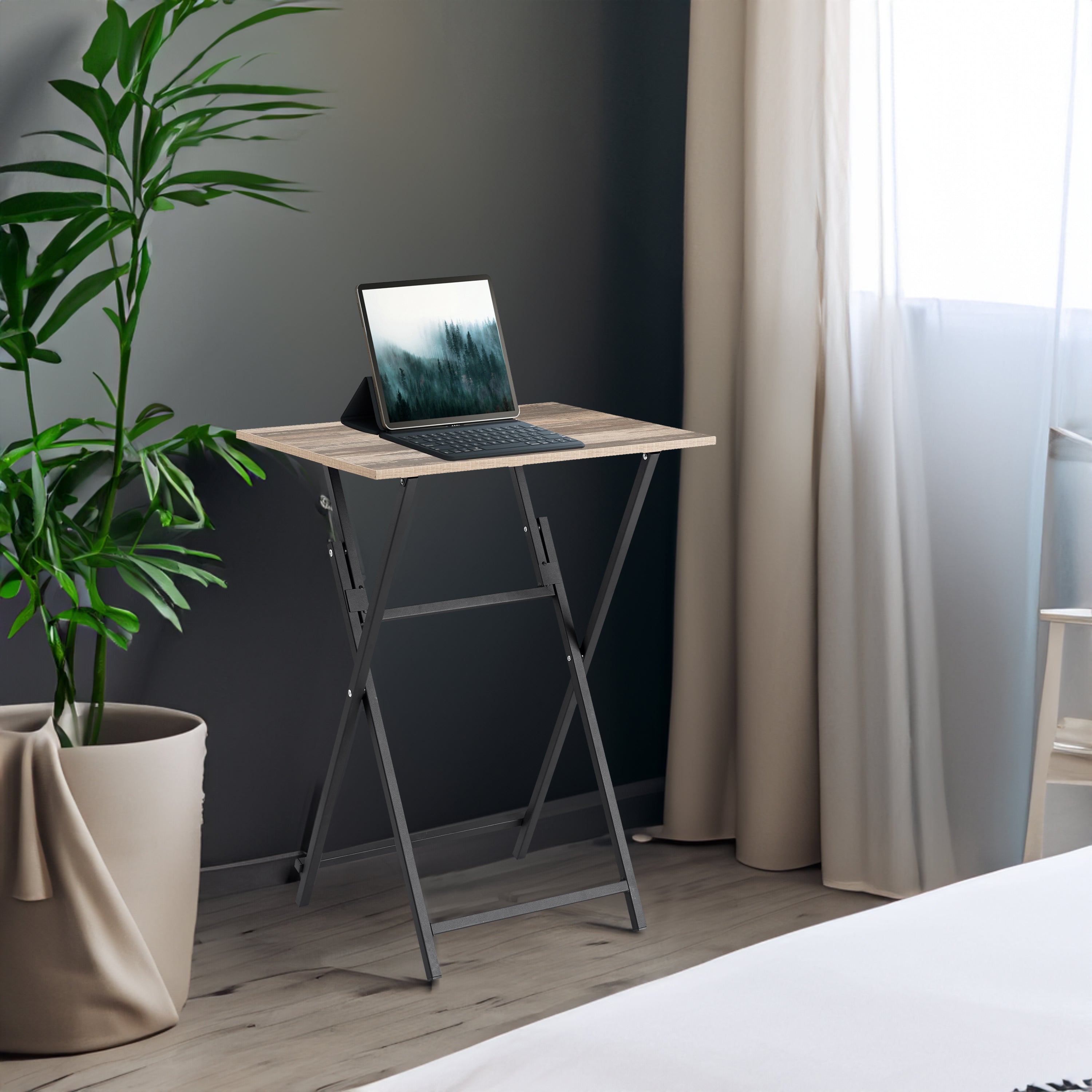 2-piece folding TV tray table without assembly, portable sofa side table, brown and black