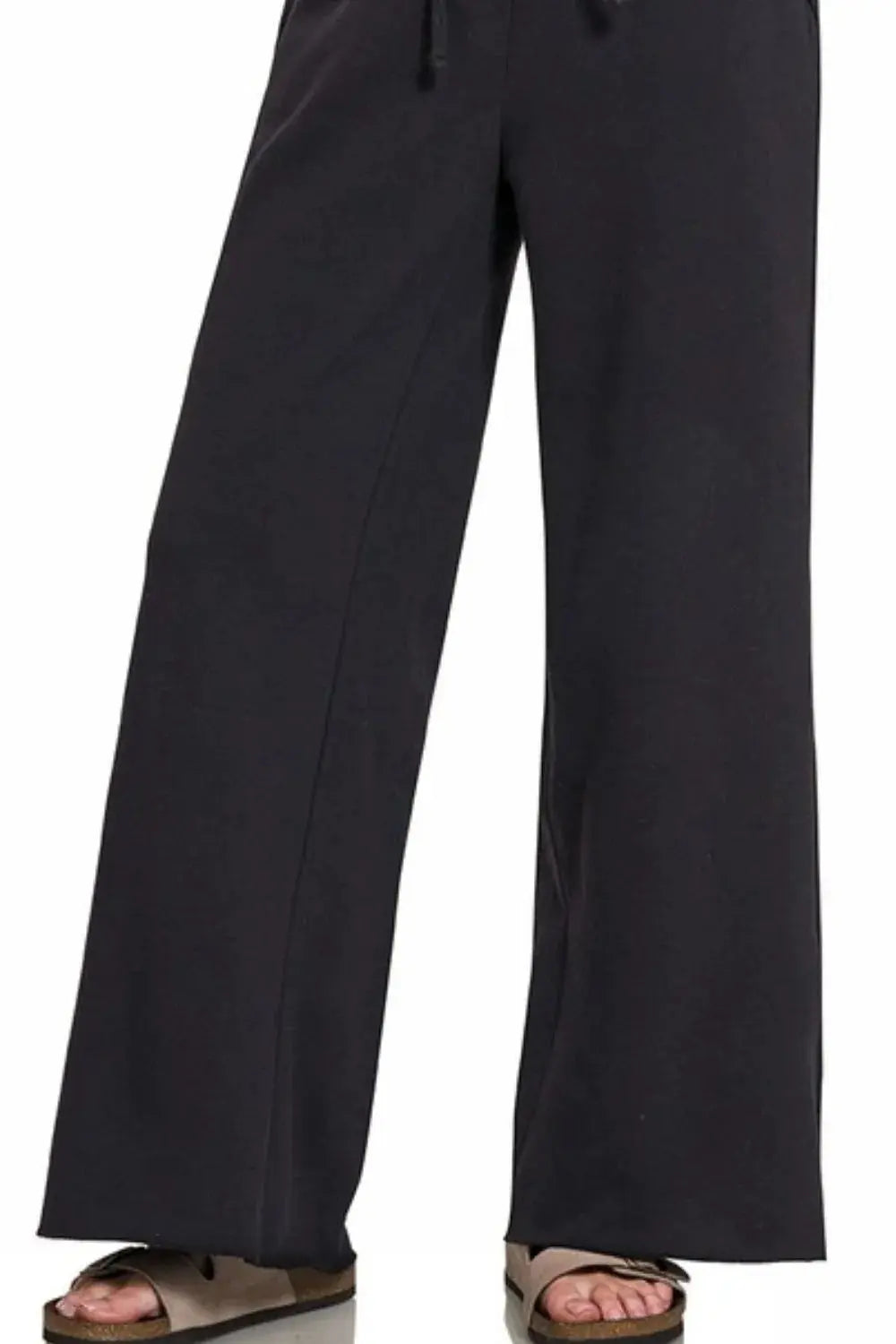 Zenana Black Wide Leg Fleece Sweatpants with Drawstring Waist