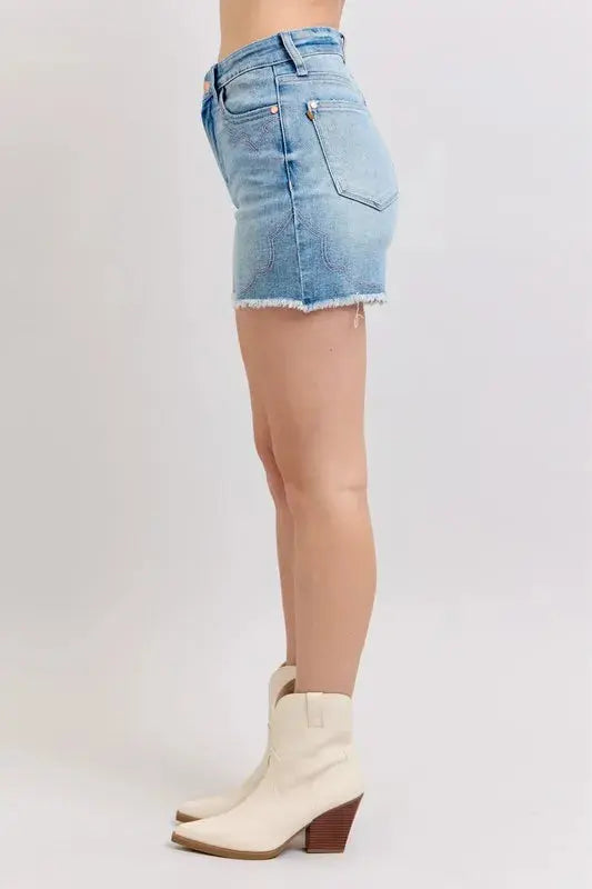 Judy Blue Jeans - Plus Size High Waist Western Embroidery Detail Cut Off Denim Shorts