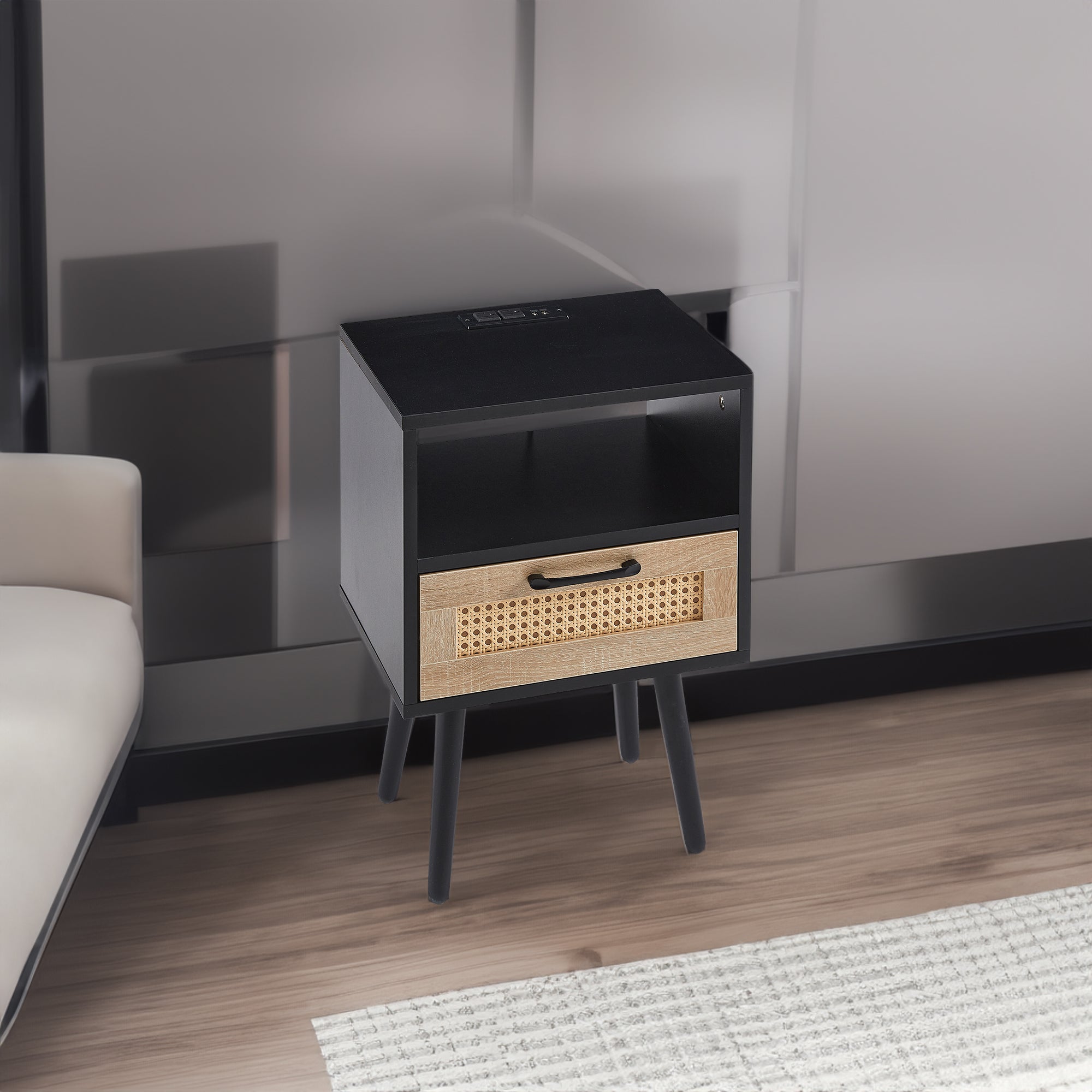 15.75" Rattan End table with Power Outlet & USB Ports Modern nightstand with drawer and solid wood legs black