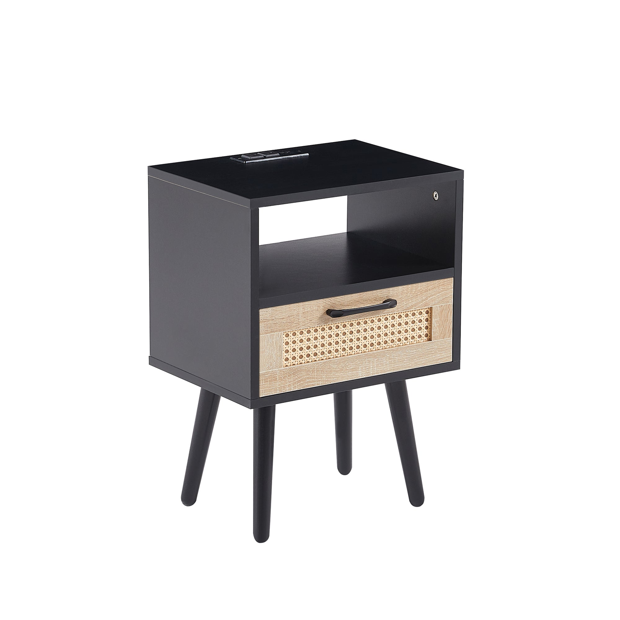 15.75" Rattan End table with Power Outlet & USB Ports Modern nightstand with drawer and solid wood legs black