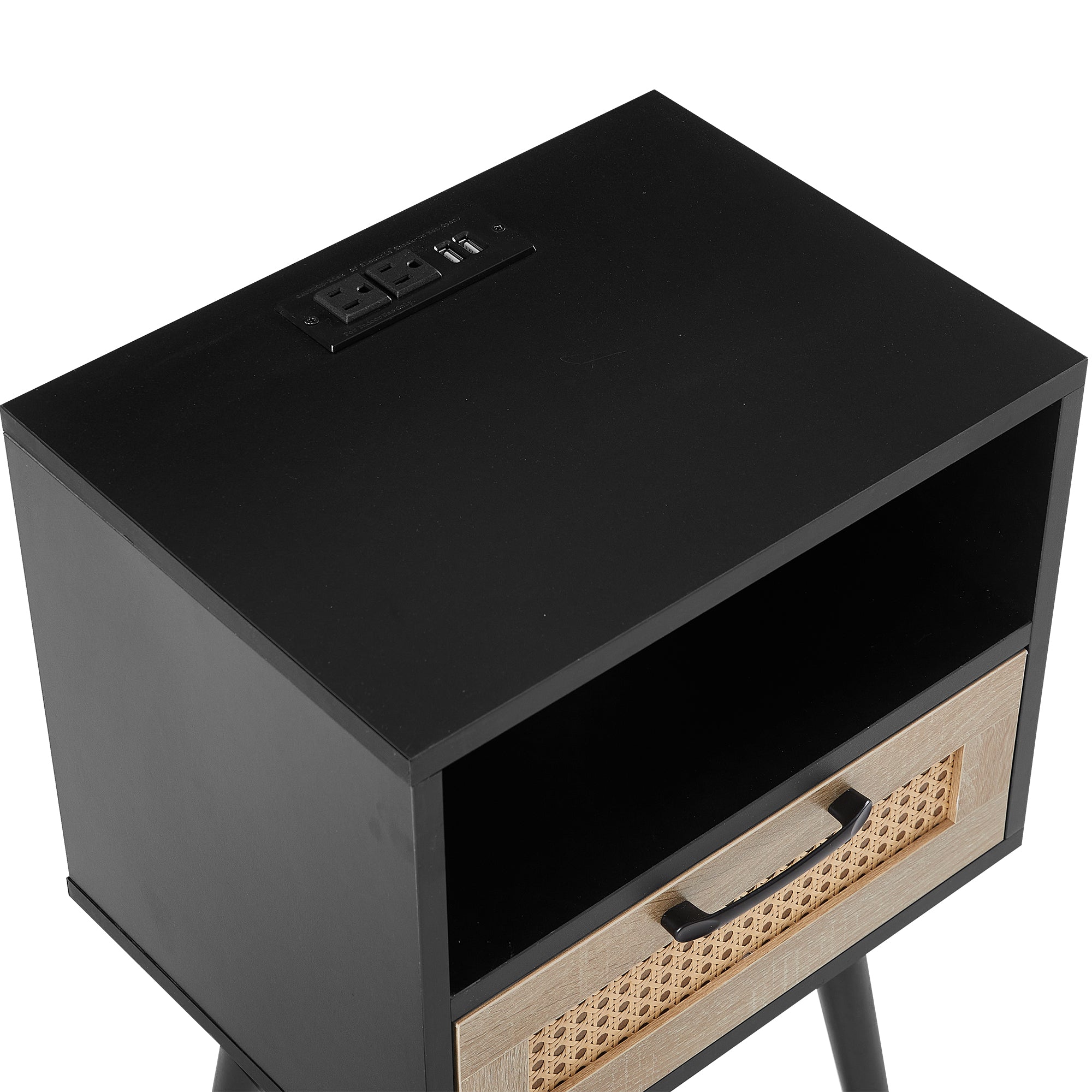 15.75" Rattan End table with Power Outlet & USB Ports Modern nightstand with drawer and solid wood legs black