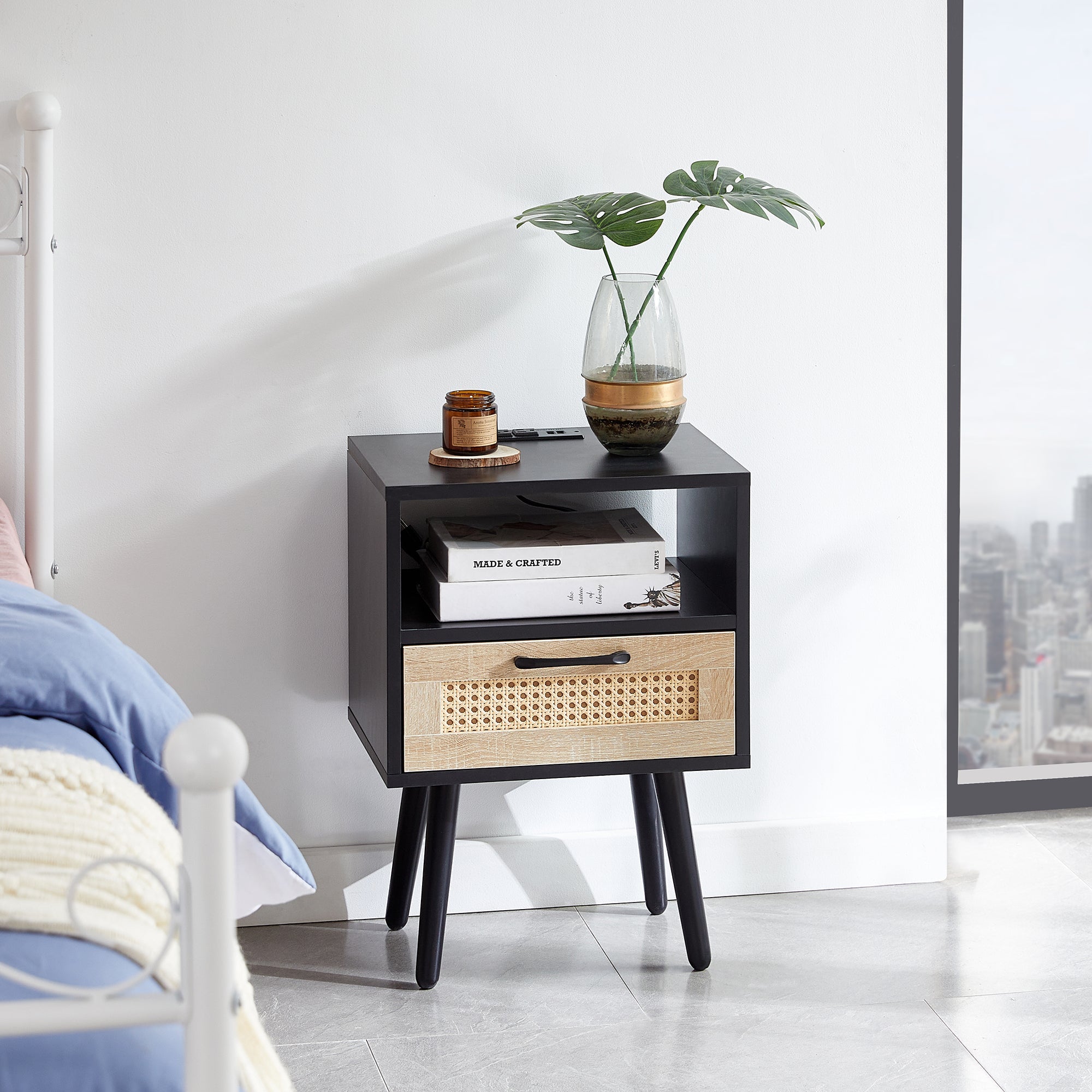 15.75" Rattan End table with Power Outlet & USB Ports Modern nightstand with drawer and solid wood legs black