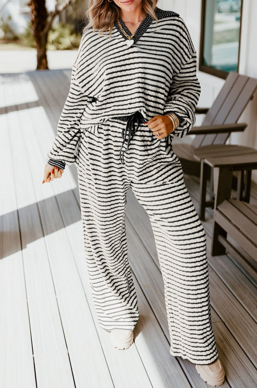 Stripe Collared Top and Drawstring Pants Set