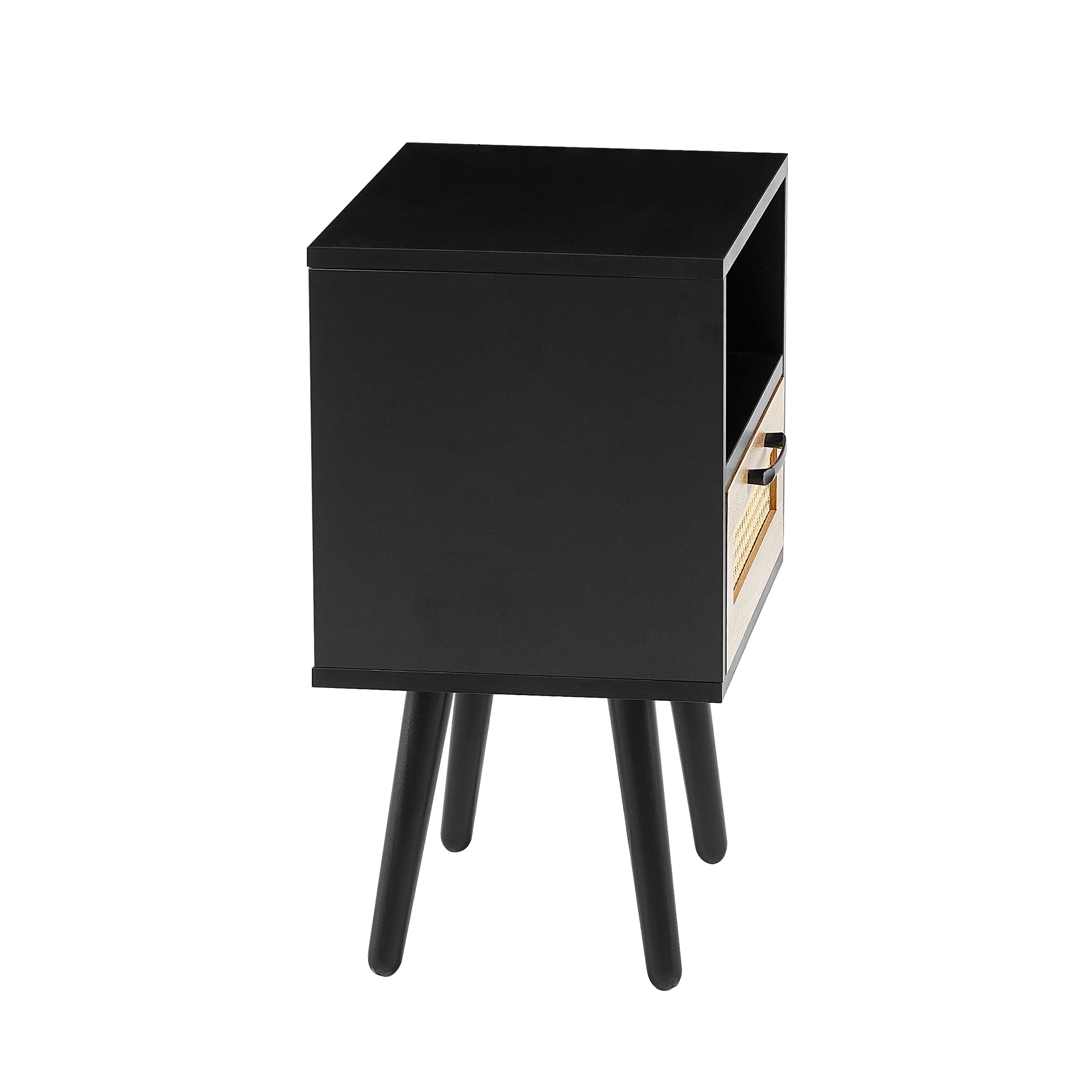 15.75" Rattan End table with drawer and solid wood legs Modern nightstand side table for living room black