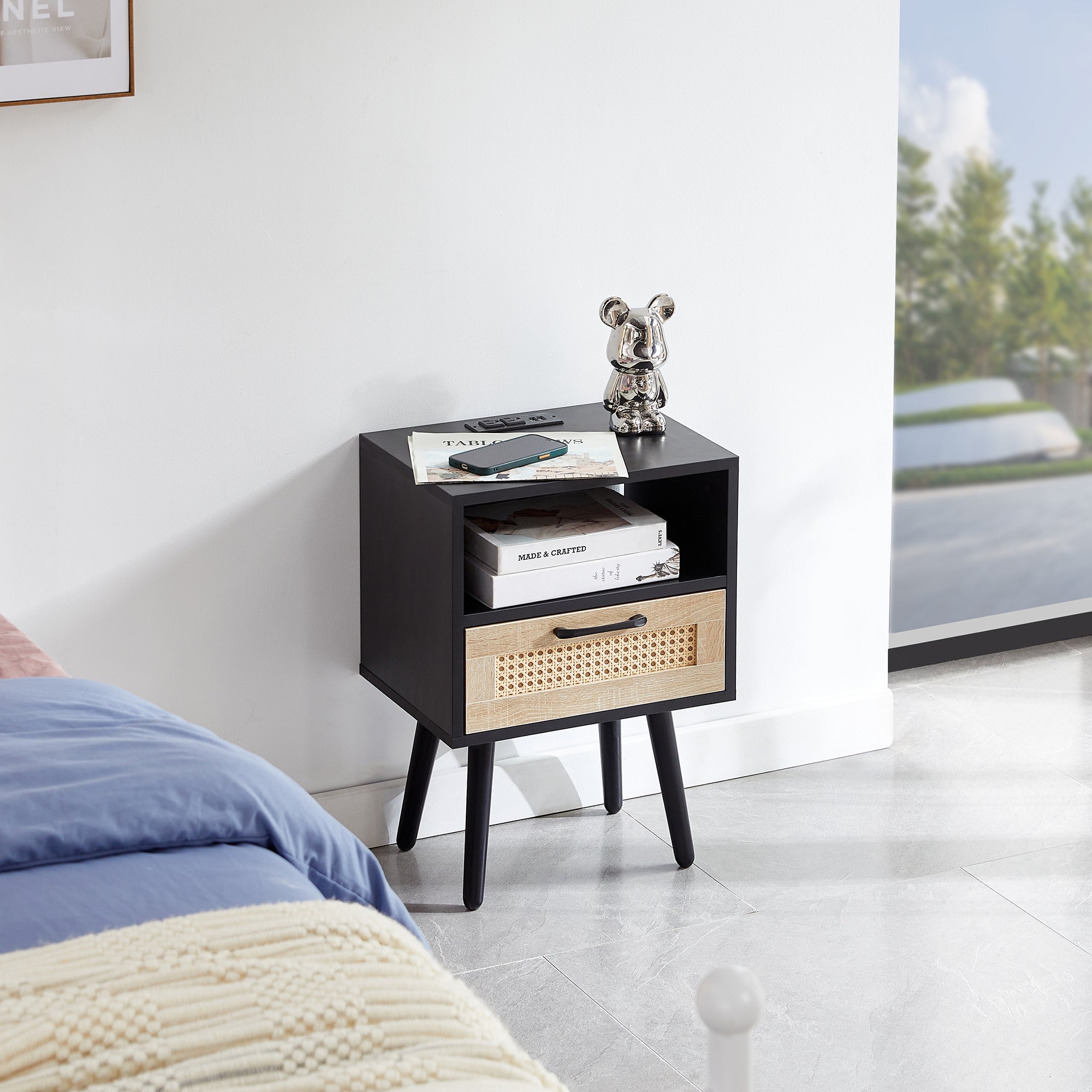15.75" Rattan End table with Power Outlet & USB Ports Modern nightstand with drawer and solid wood legs black