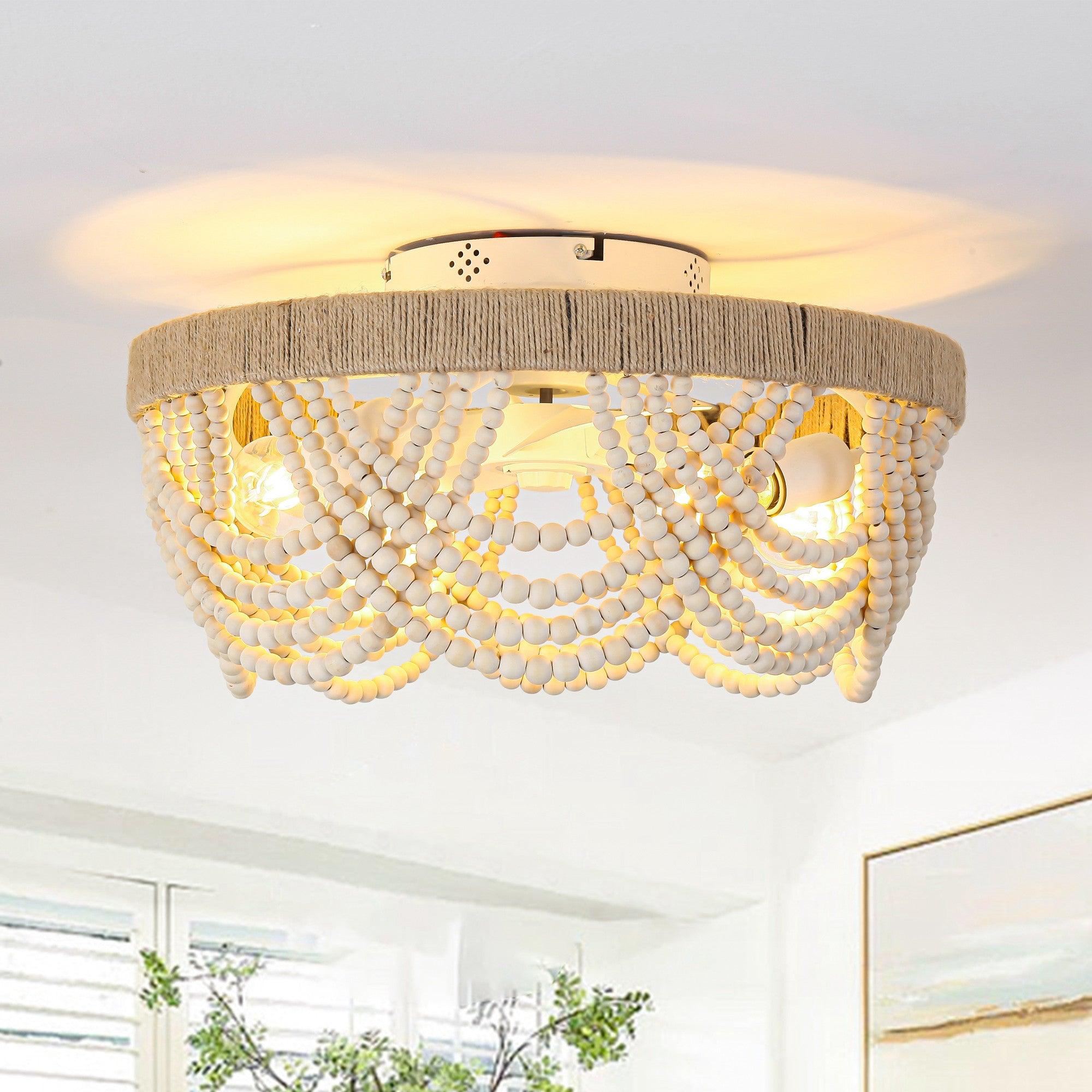 20 Inch White Farmhouse Handmade Wooden Beads Flush Mount Ceiling Fan with APP Remote Control and Lighting