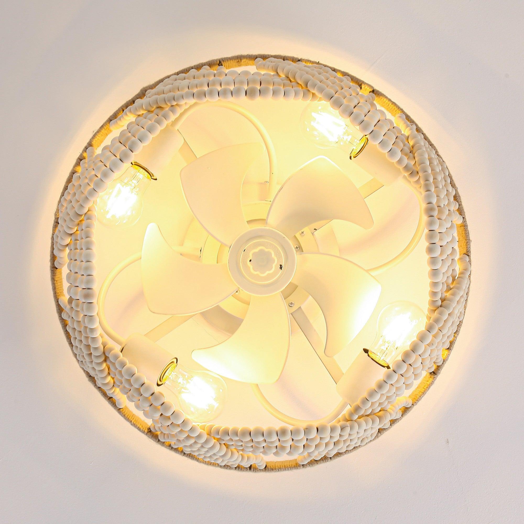 20 Inch White Farmhouse Handmade Wooden Beads Flush Mount Ceiling Fan with APP Remote Control and Lighting