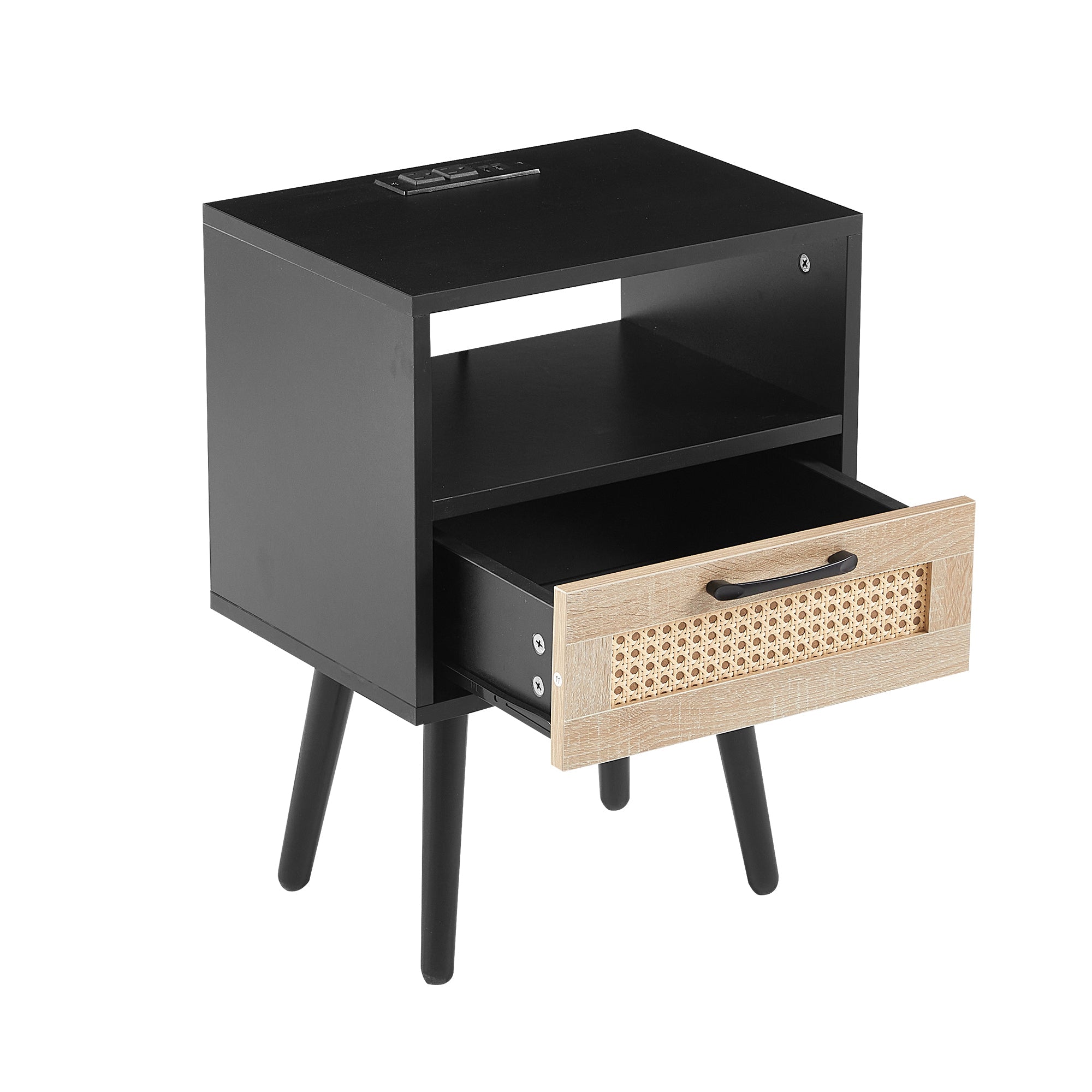 15.75" Rattan End table with Power Outlet & USB Ports Modern nightstand with drawer and solid wood legs black