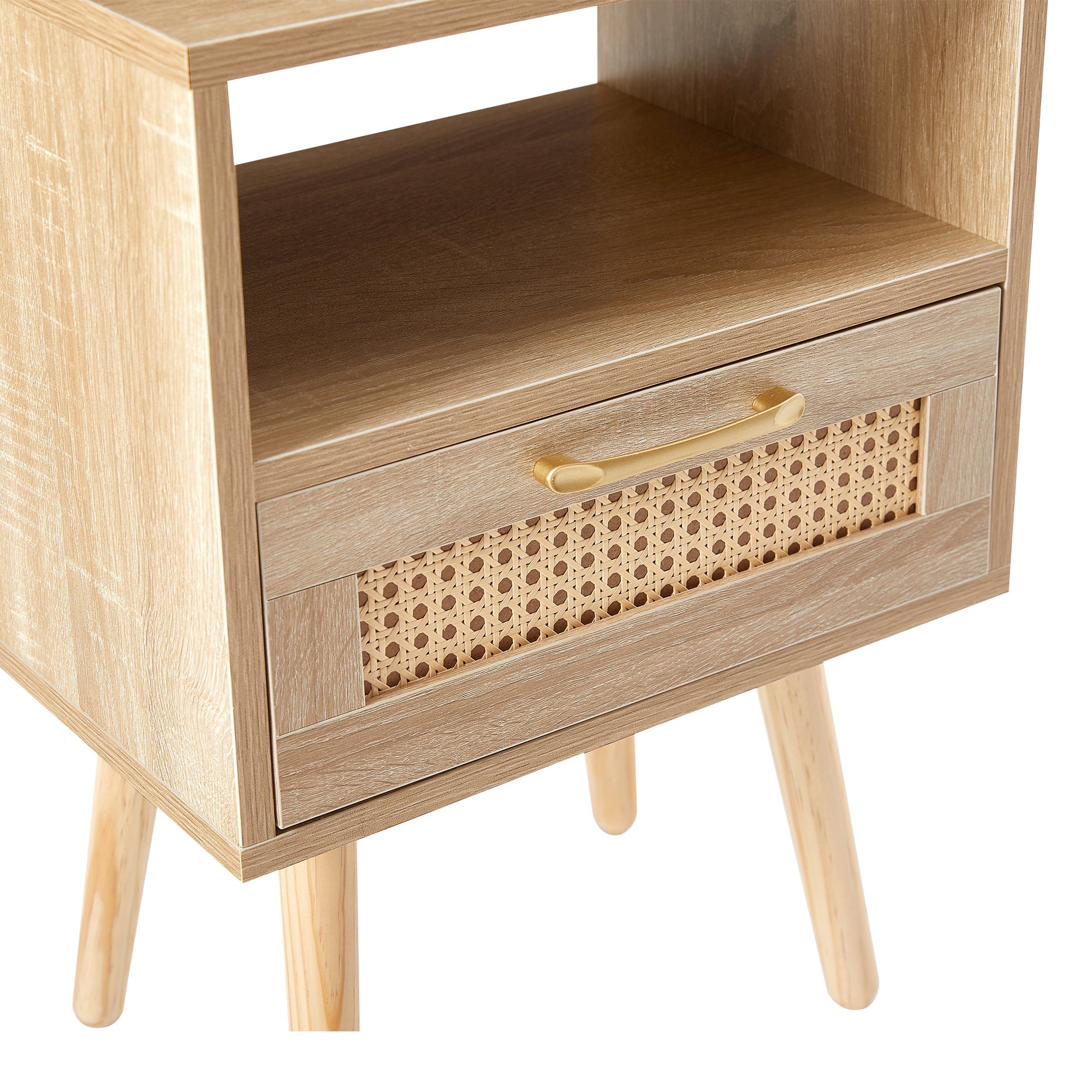 15.75" Rattan End table with Power Outlet & USB Ports  Modern nightstand with drawer and solid wood legs