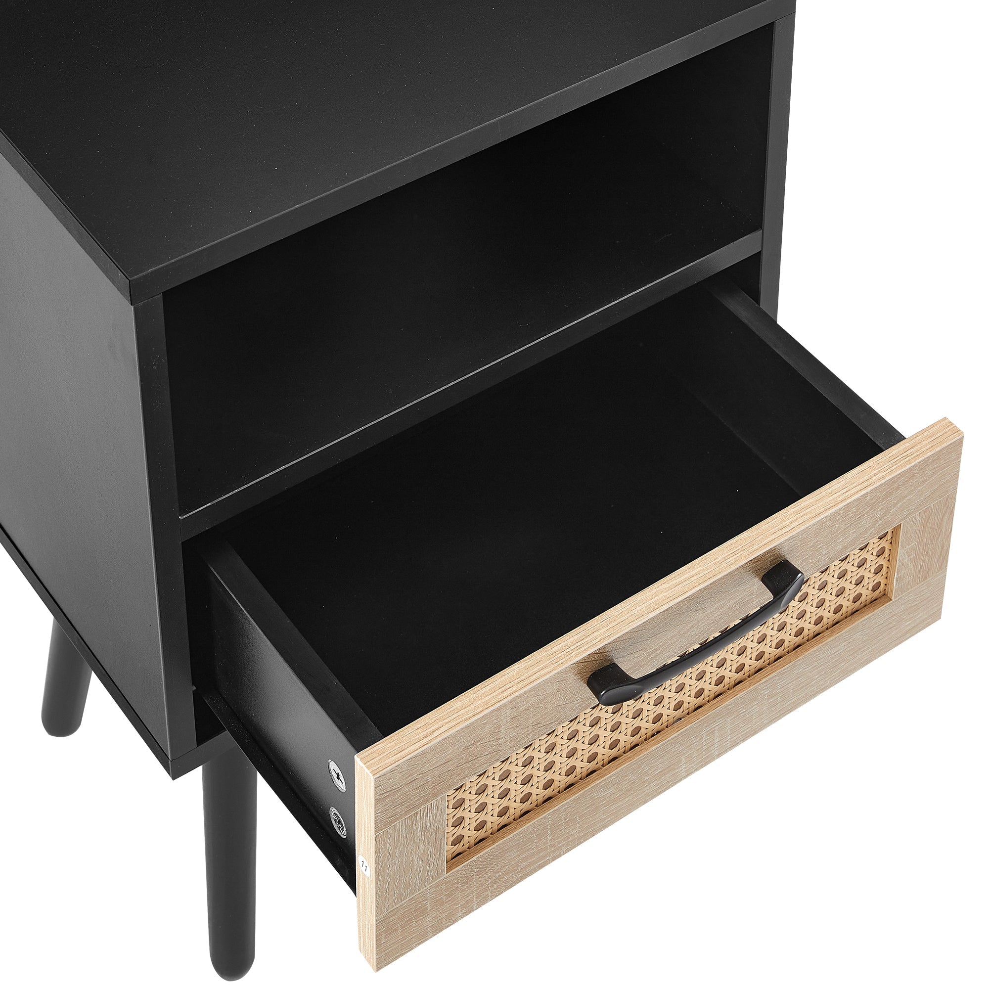 15.75" Rattan End table with Power Outlet & USB Ports Modern nightstand with drawer and solid wood legs black