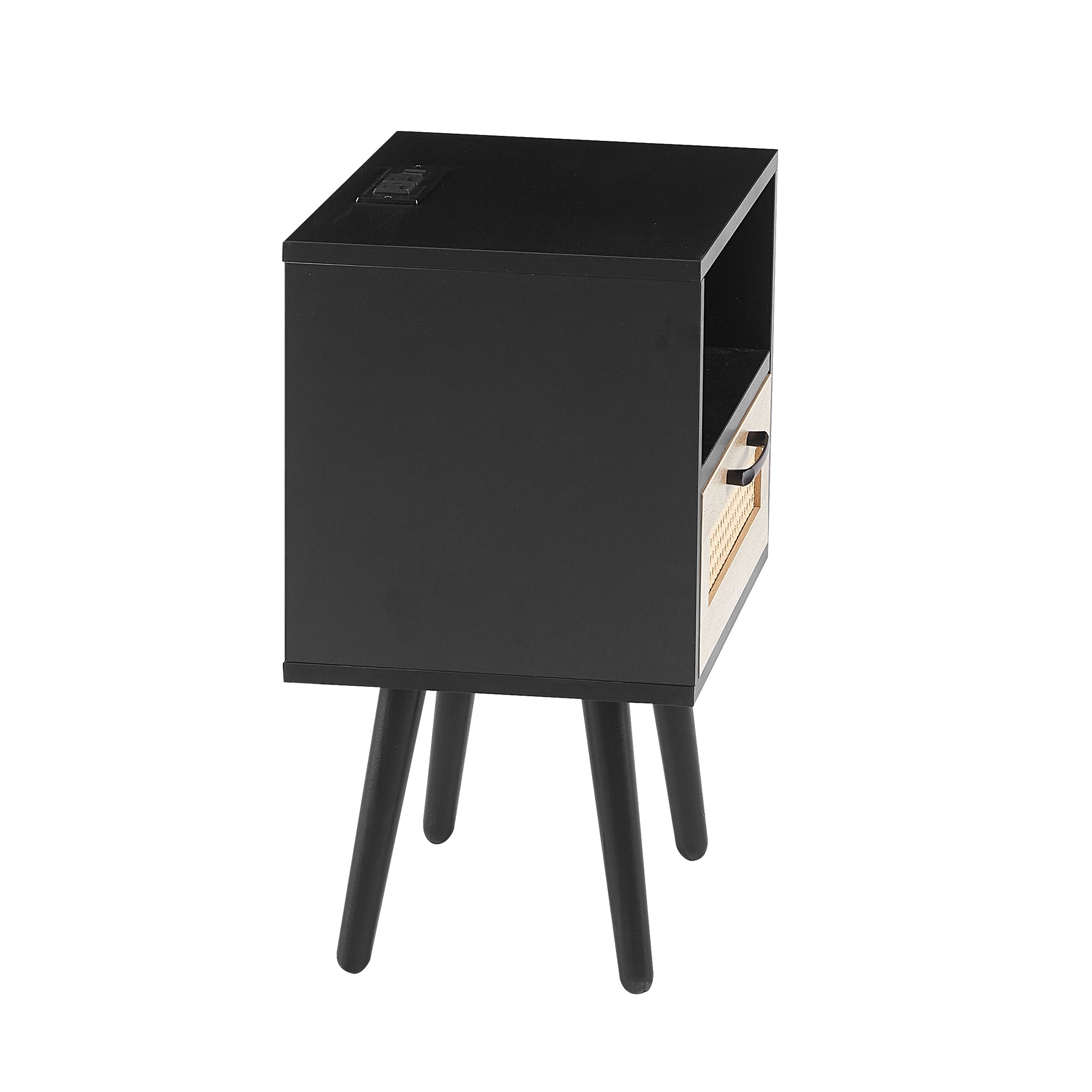 15.75" Rattan End table with Power Outlet & USB Ports Modern nightstand with drawer and solid wood legs black