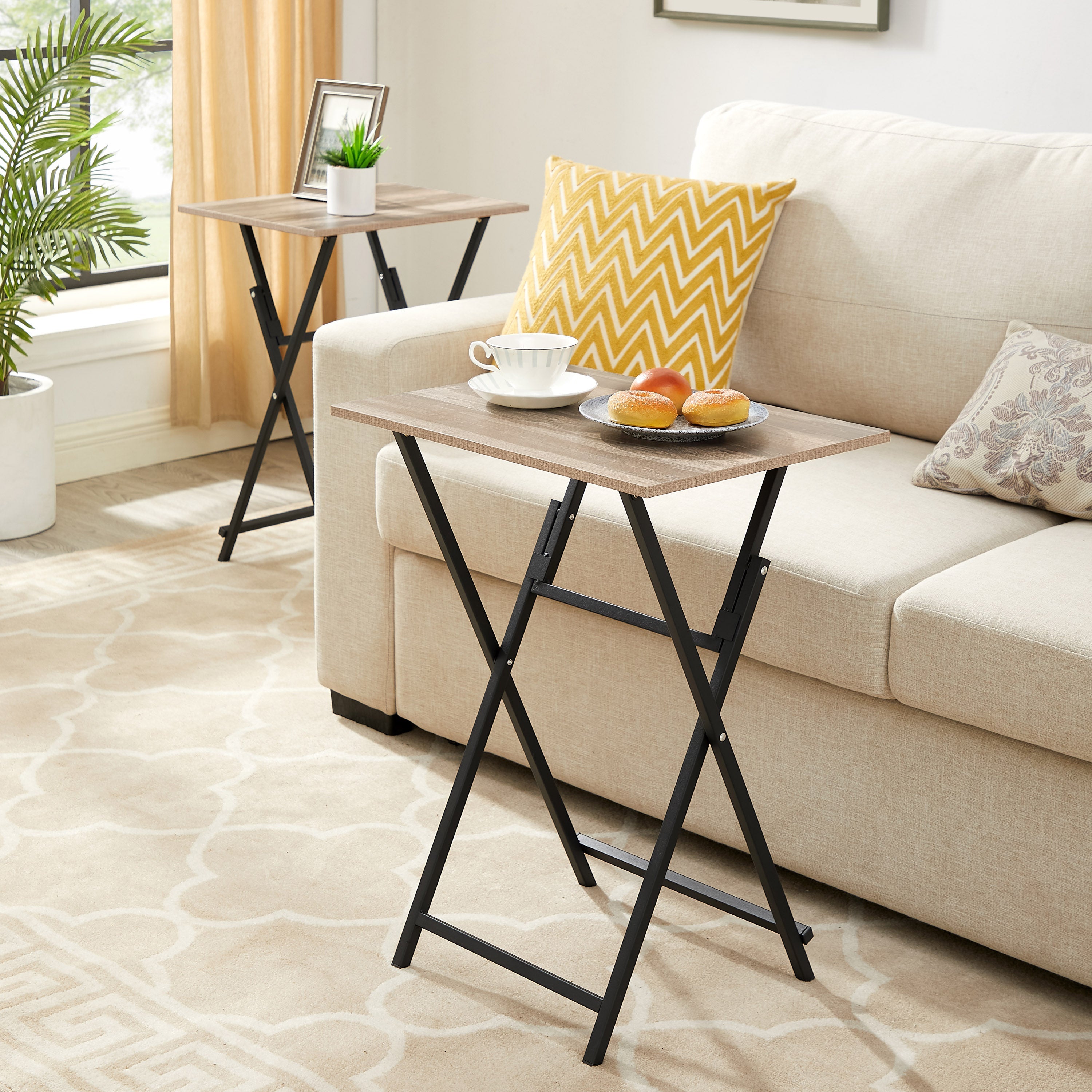 2-piece folding TV tray table without assembly, portable sofa side table, brown and black