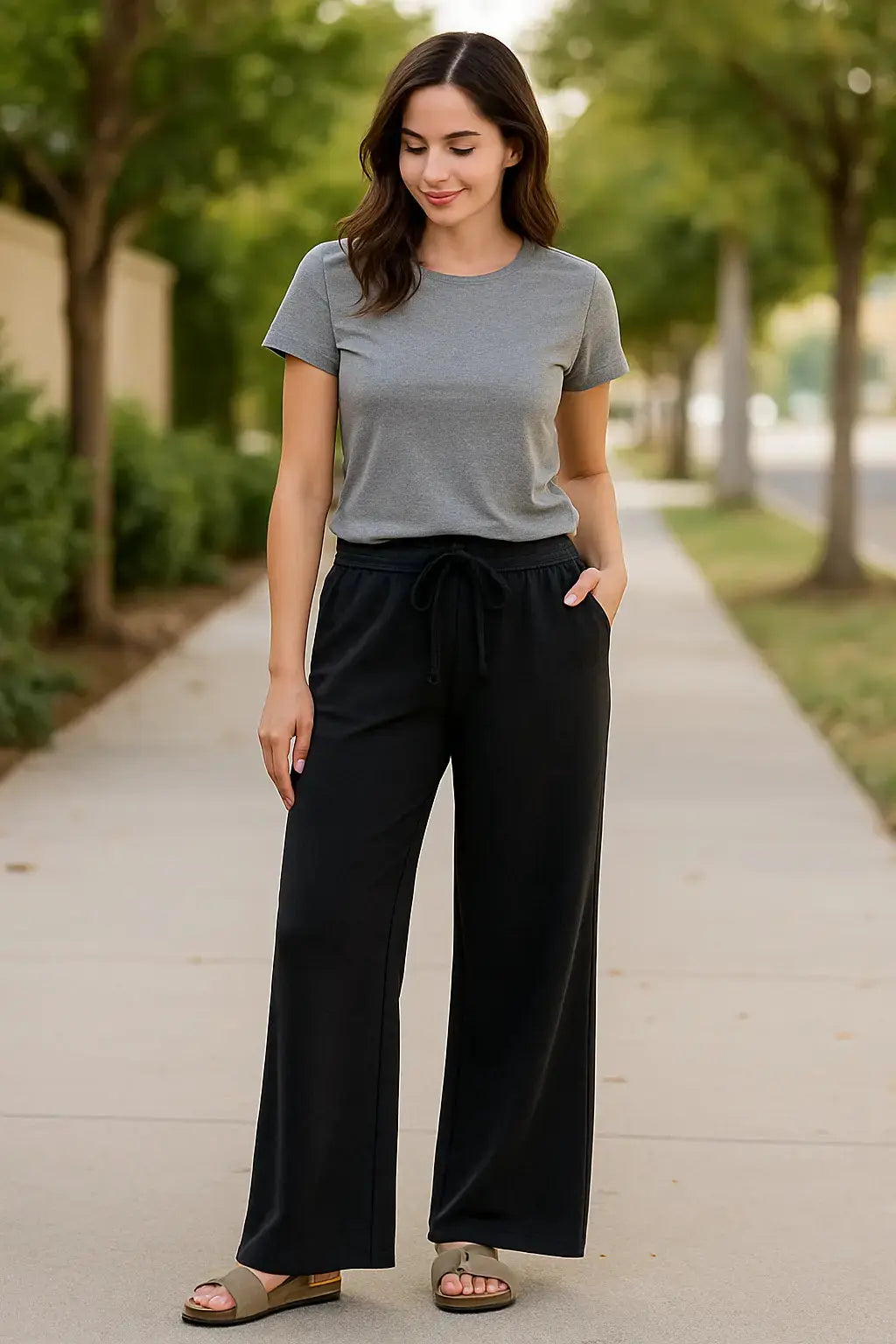 Zenana Black Wide Leg Fleece Sweatpants with Drawstring Waist