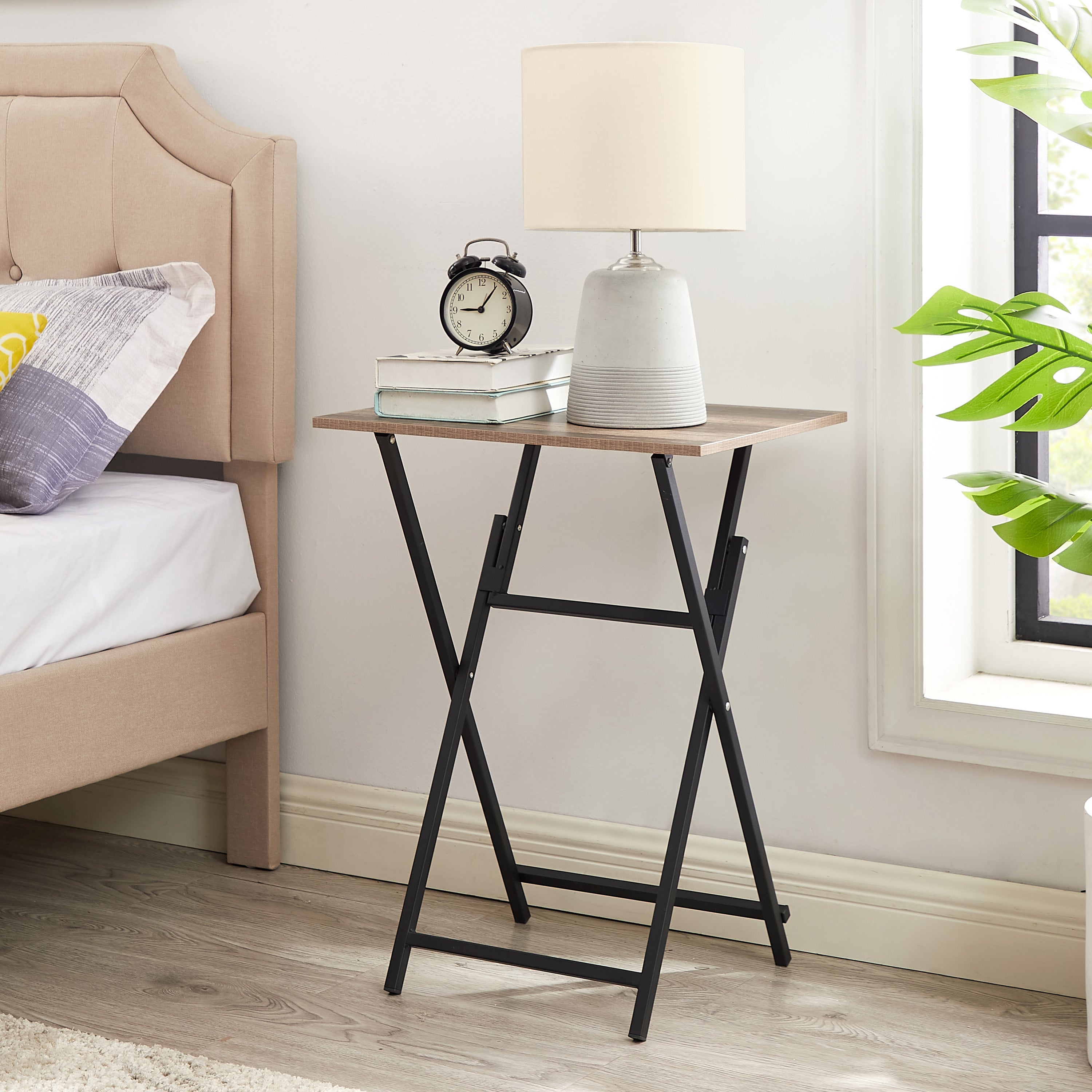 2-piece folding TV tray table without assembly, portable sofa side table, brown and black