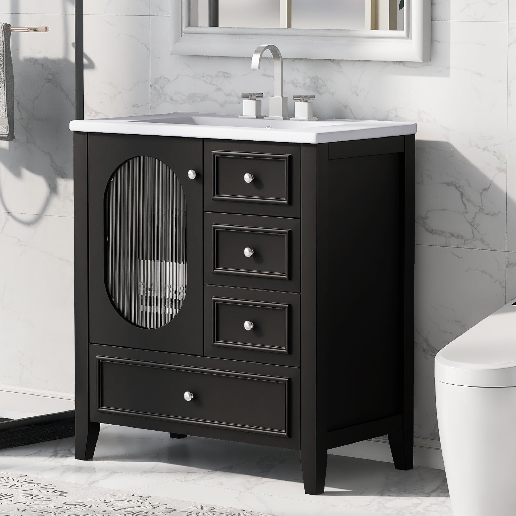 30" Bathroom Vanity with Sink, Bathroom Vanity Cabinet with Three Drawers and Door, Solid Wood and MDF, Black